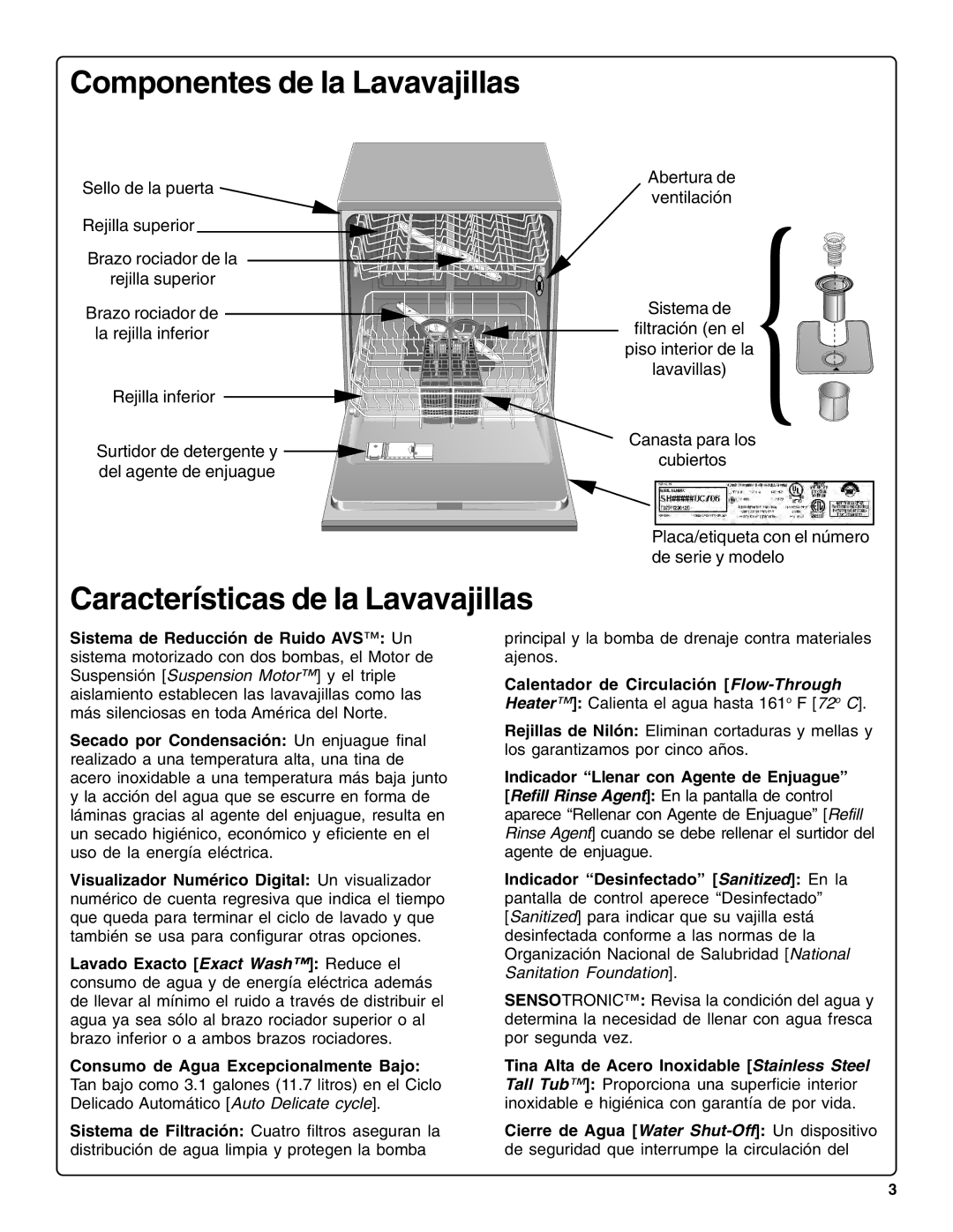 Bosch Appliances SHV99A13UC, SHX99A15UC manual Componentes de la Lavavajillas, Características de la Lavavajillas 