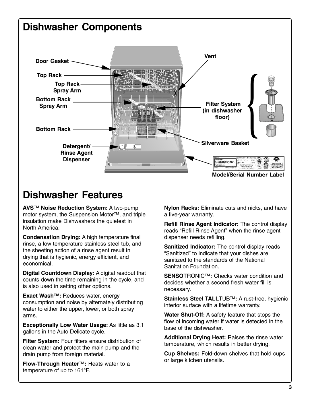 Bosch Appliances SHV99A13UC manual Dishwasher Components, Dishwasher Features, Door Gasket Vent Top Rack, Silverware Basket 