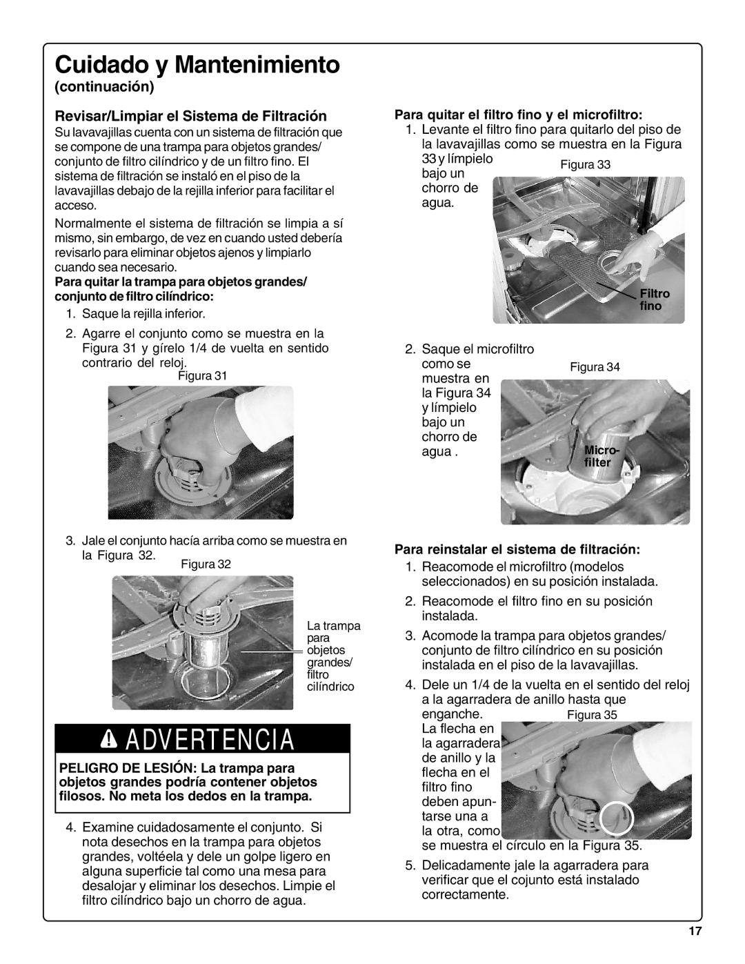 Bosch Appliances SHV99A13UC, SHX99A15UC manual Continuación Revisar/Limpiar el Sistema de Filtración, Agua 