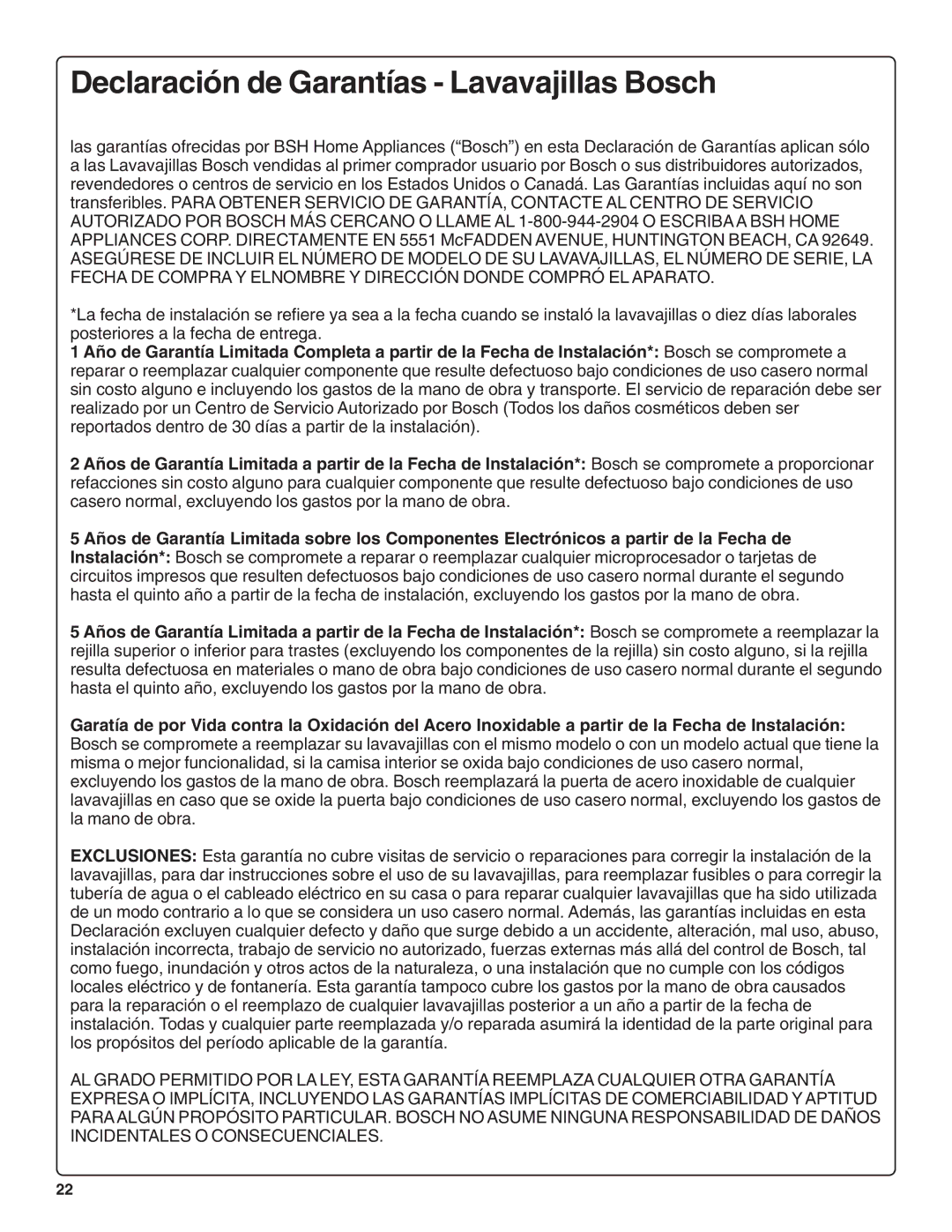 Bosch Appliances SHX99A15UC, SHV99A13UC manual Declaración de Garantías Lavavajillas Bosch 