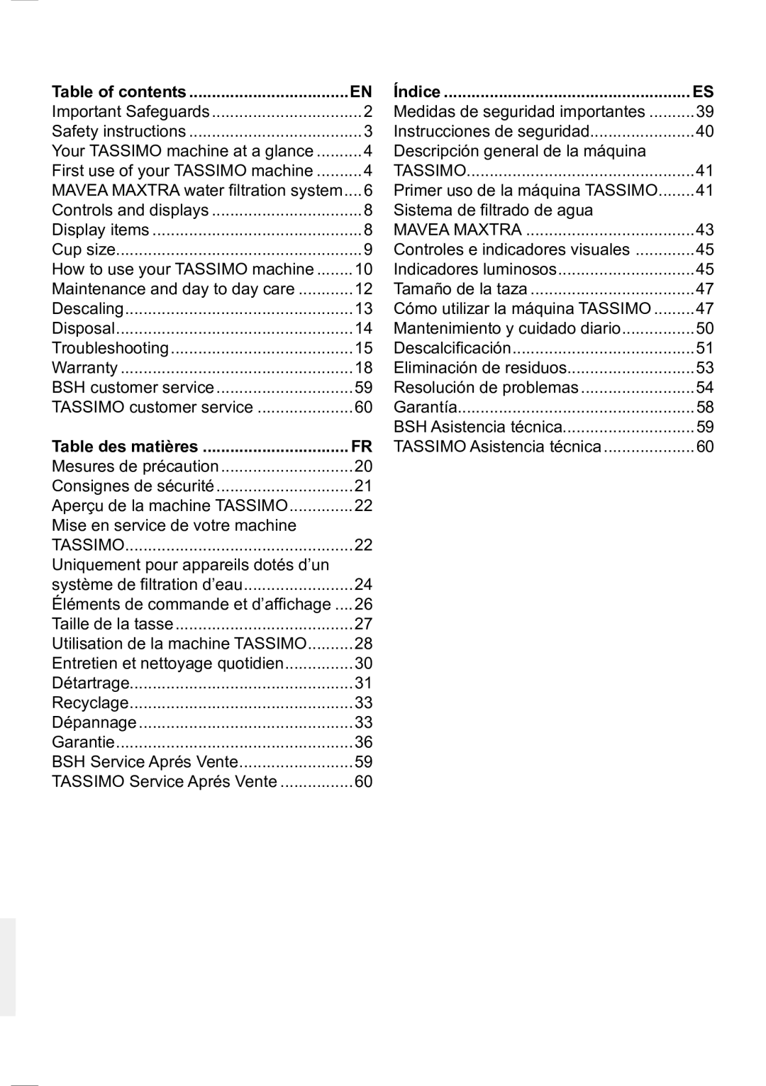 Bosch Appliances T45 instruction manual Table of contents, Table des matières, Índice 