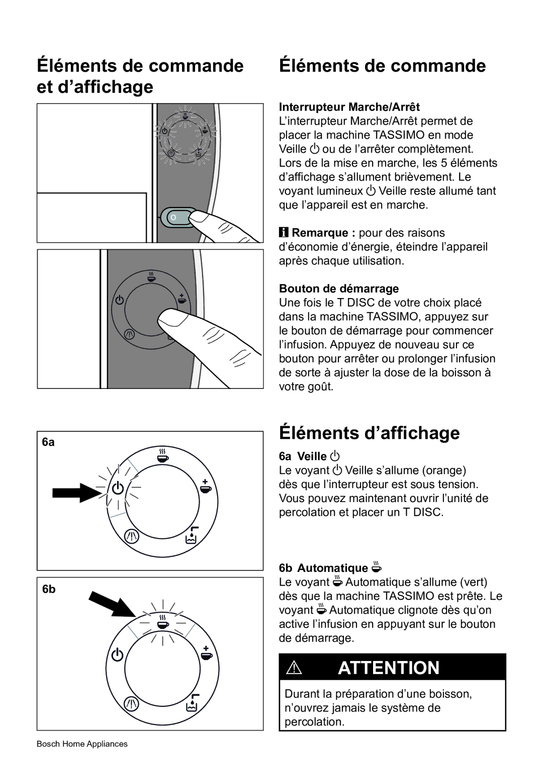 Bosch Appliances T45 Éléments de commande, Éléments d’affichage, Bouton de démarrage, 6a Veille a, 6b Automatique O 