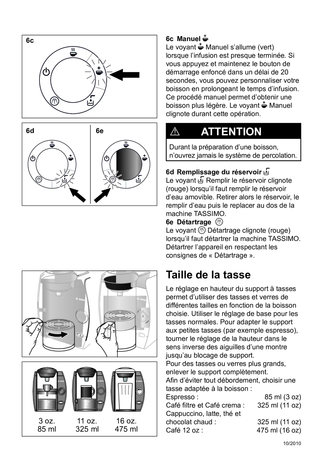 Bosch Appliances T45 instruction manual Taille de la tasse, 6c Manuel N, 6d Remplissage du réservoir P, 6e Détartrage Q 