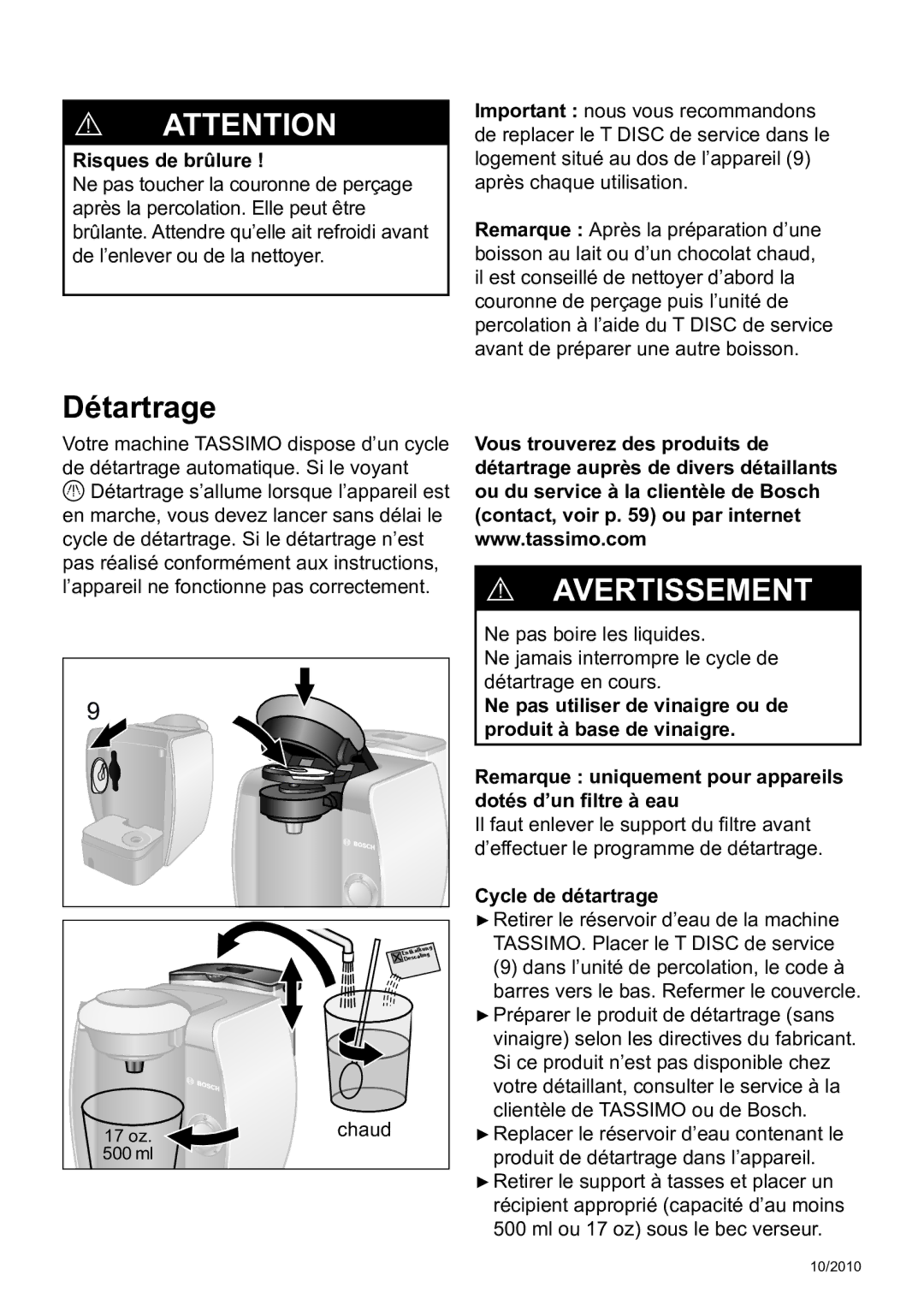 Bosch Appliances T45 instruction manual Détartrage, ! Avertissement, Cycle de détartrage 