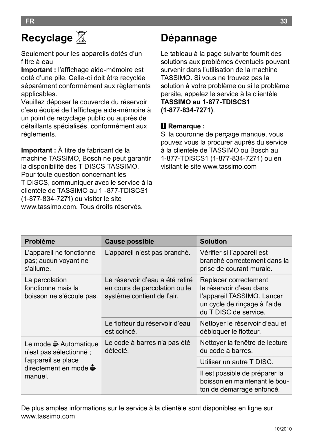 Bosch Appliances T45 Recyclage a, Dépannage, Tassimo au 1-877-TDISCS1 Remarque , Problème Cause possible Solution 