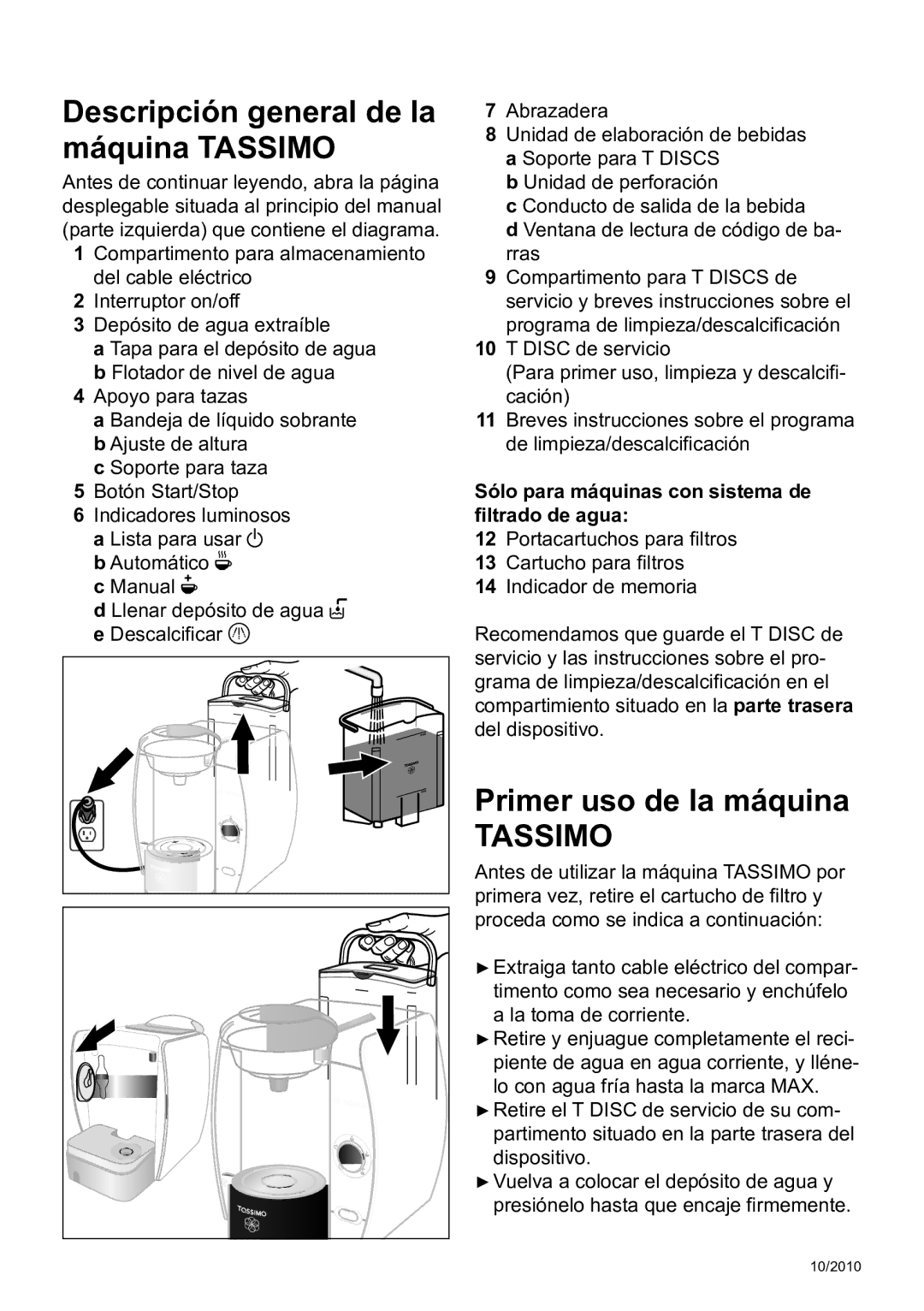 Bosch Appliances T45 instruction manual Descripción general de la máquina Tassimo, Primer uso de la máquina 