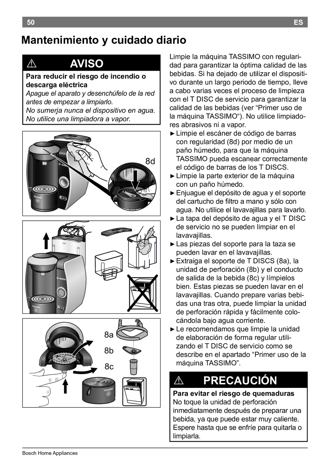 Bosch Appliances T45 instruction manual Mantenimiento y cuidado diario, ! Precaución 