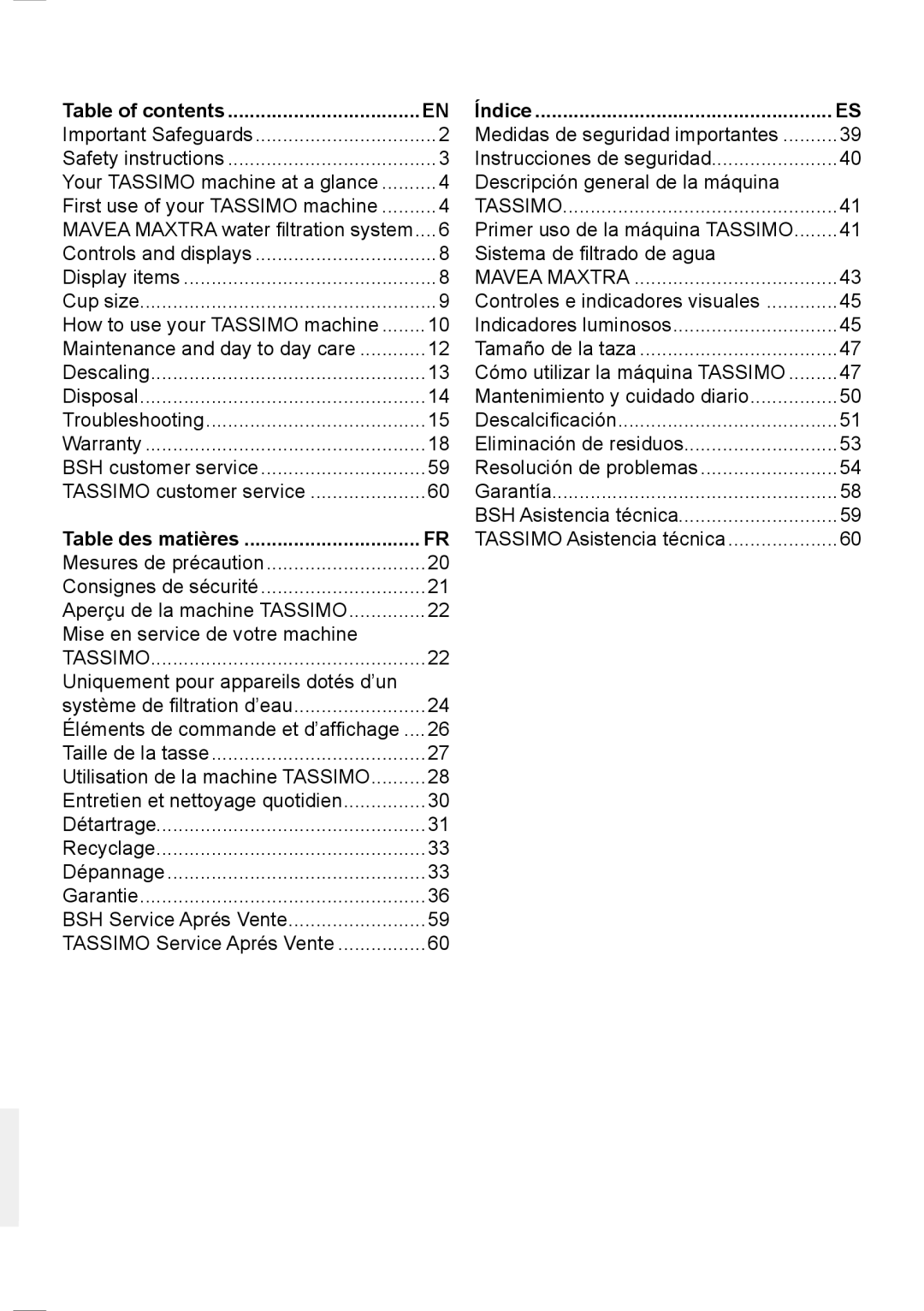 Bosch Appliances T45 instruction manual Table of contents, Table des matières, Índice 