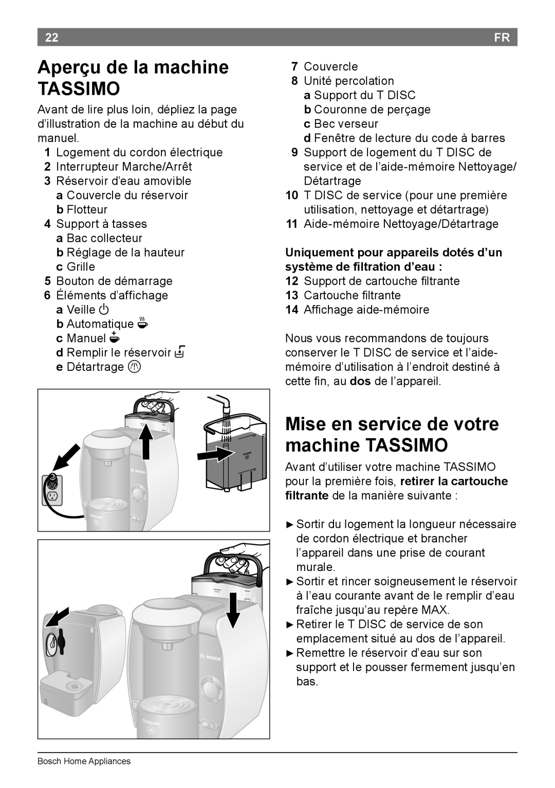 Bosch Appliances T45 instruction manual Aperçu de la machine TASSIMO, Mise en service de votre machine TASSIMO 