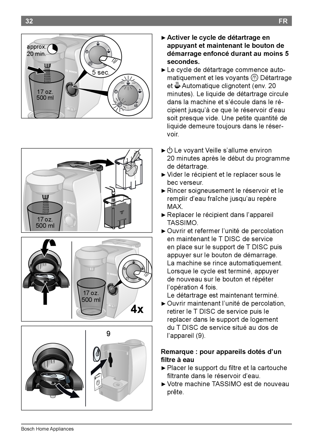 Bosch Appliances T45 instruction manual Remarque pour appareils dotés d’un filtre à eau 