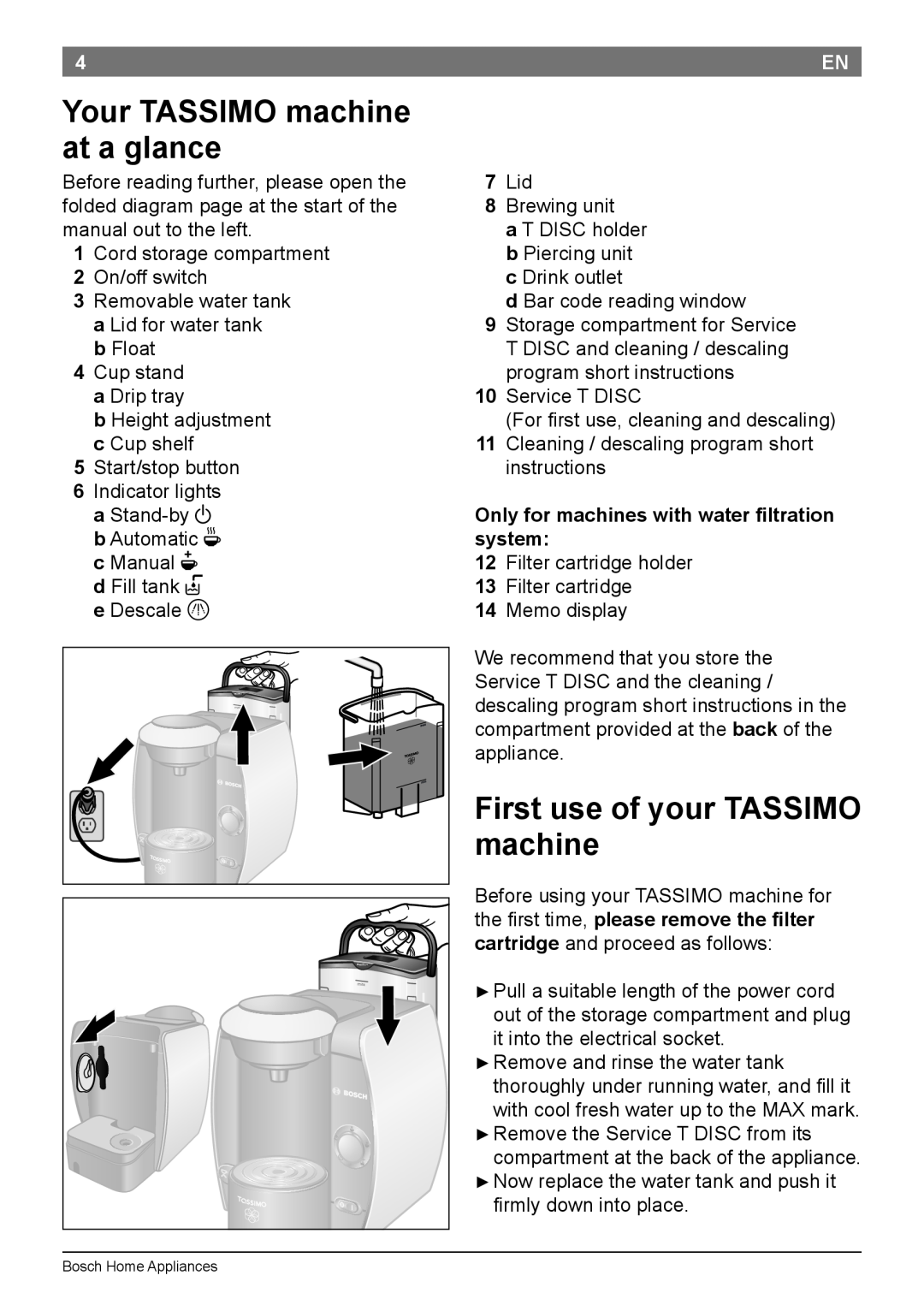 Bosch Appliances T45 instruction manual Your TASSIMO machine at a glance, First use of your TASSIMO machine 