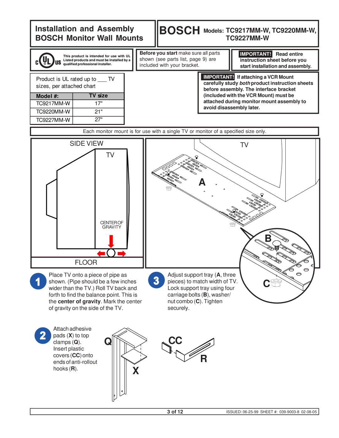 Bosch Appliances TC9217MM-W instruction manual Installation and Assembly Bosch Monitor Wall Mounts 