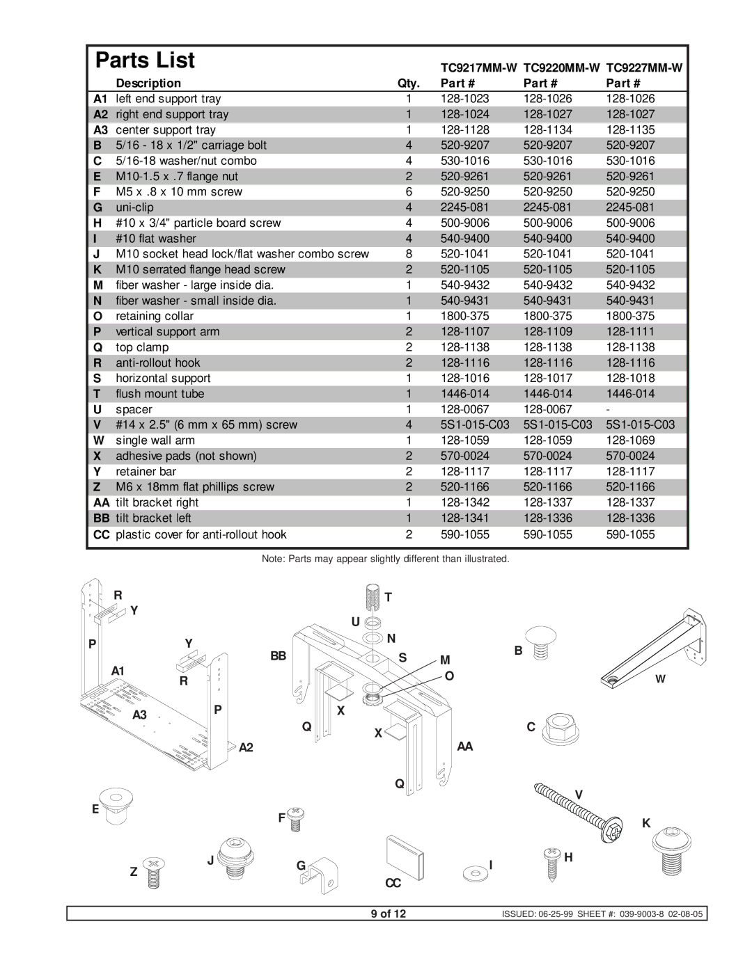 Bosch Appliances TC9217MM-W instruction manual Parts List 