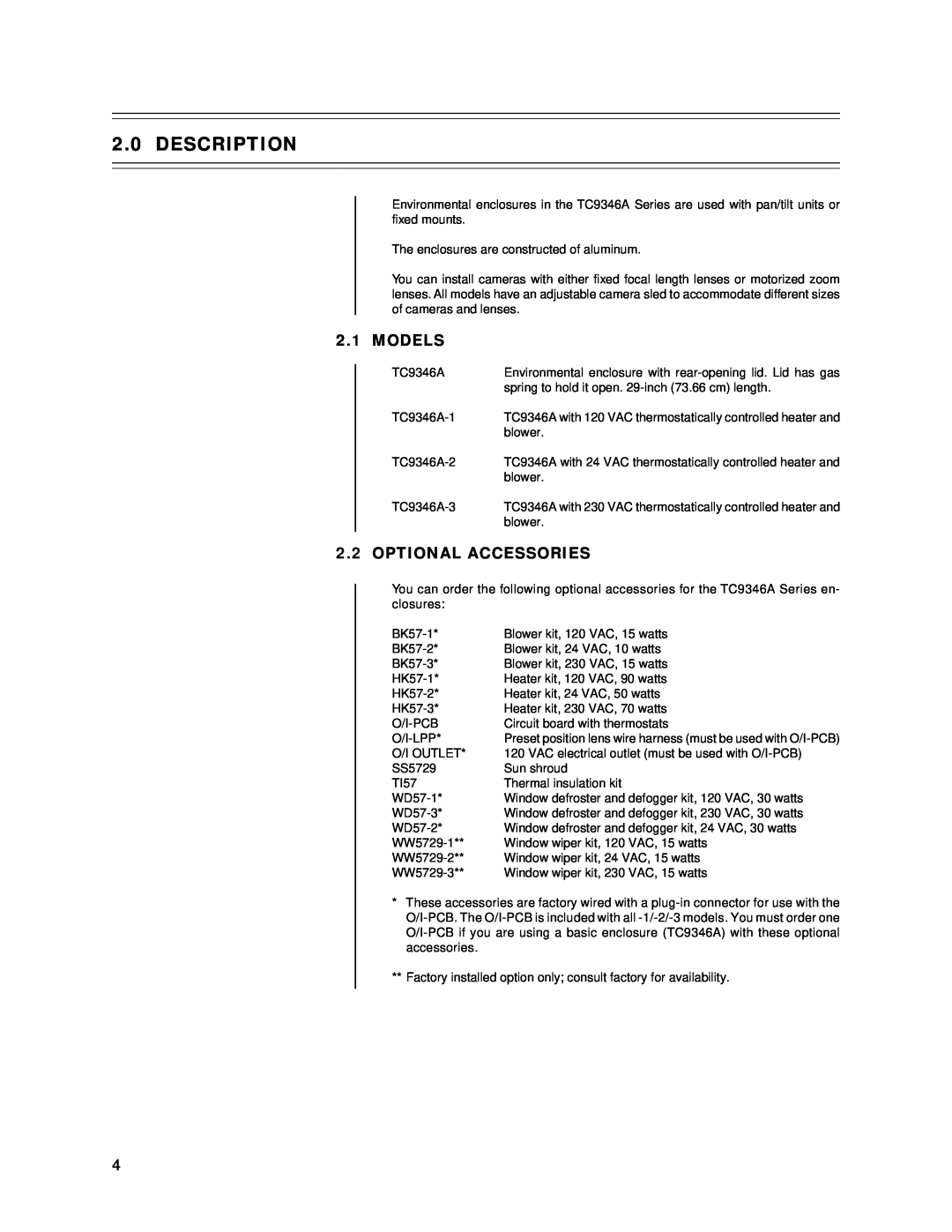 Bosch Appliances tc9346a instruction manual Description, Models, Optional Accessories 