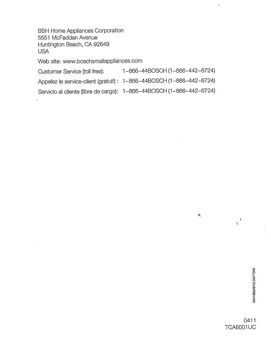 Bosch Appliances TCA 6001 UC manual 