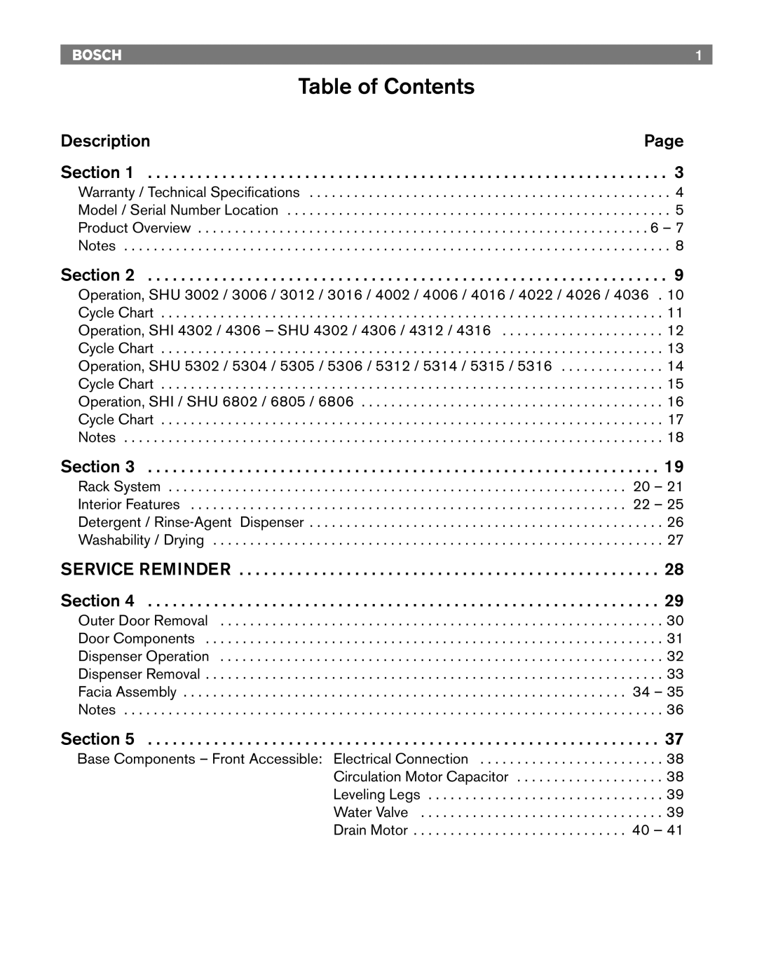 Bosch Appliances 4306, TRUE, 6806, 6805, 4302, 6802 manual Table of Contents 