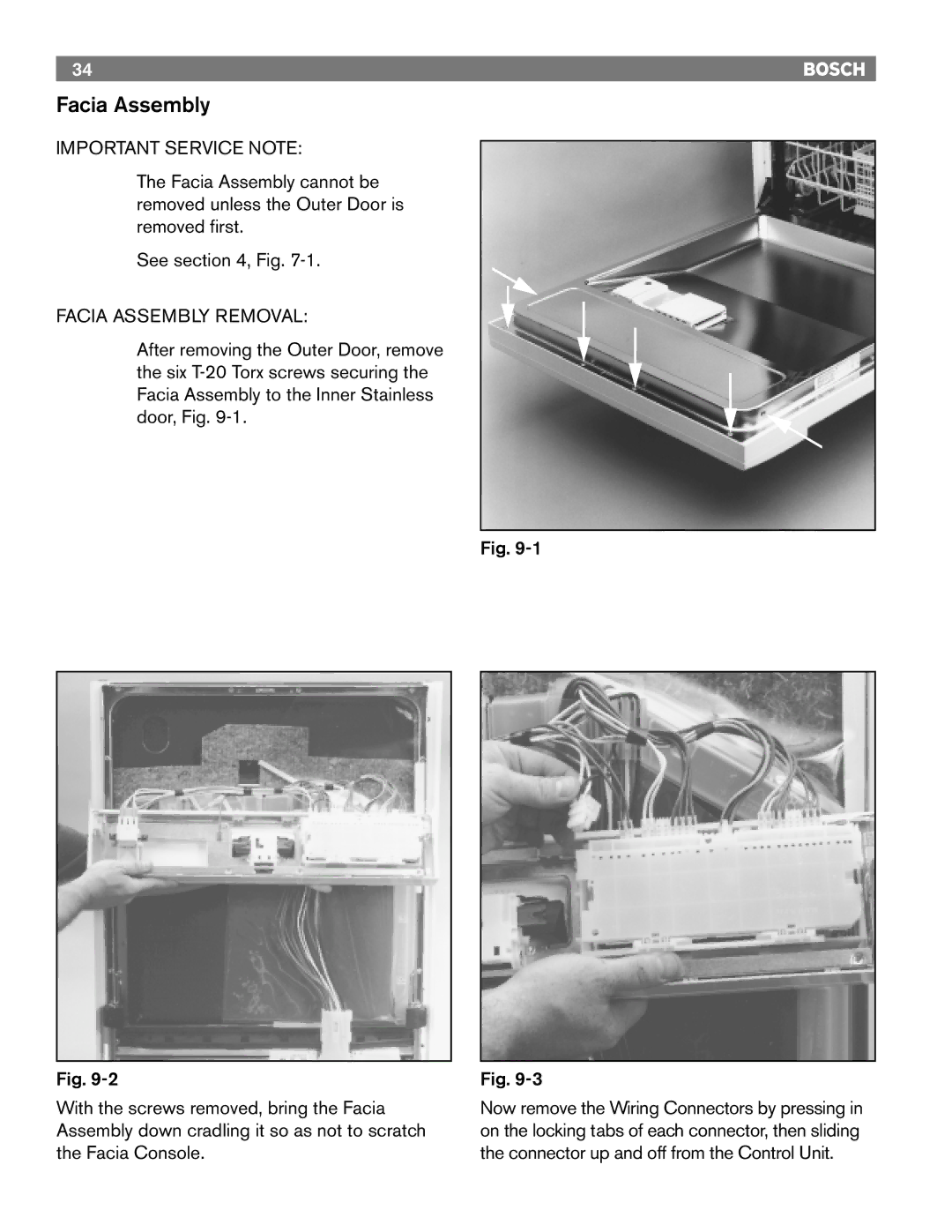 Bosch Appliances TRUE, 6806, 6805, 4306, 4302, 6802 manual Important Service Note, Facia Assembly Removal 