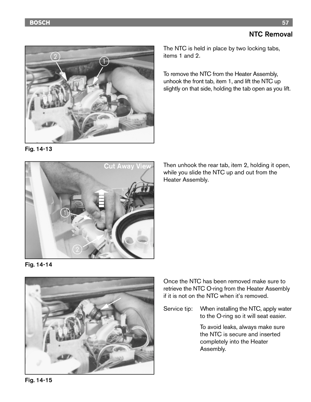 Bosch Appliances 6802, TRUE, 6806, 6805, 4306, 4302 manual NTC is held in place by two locking tabs, items 1 