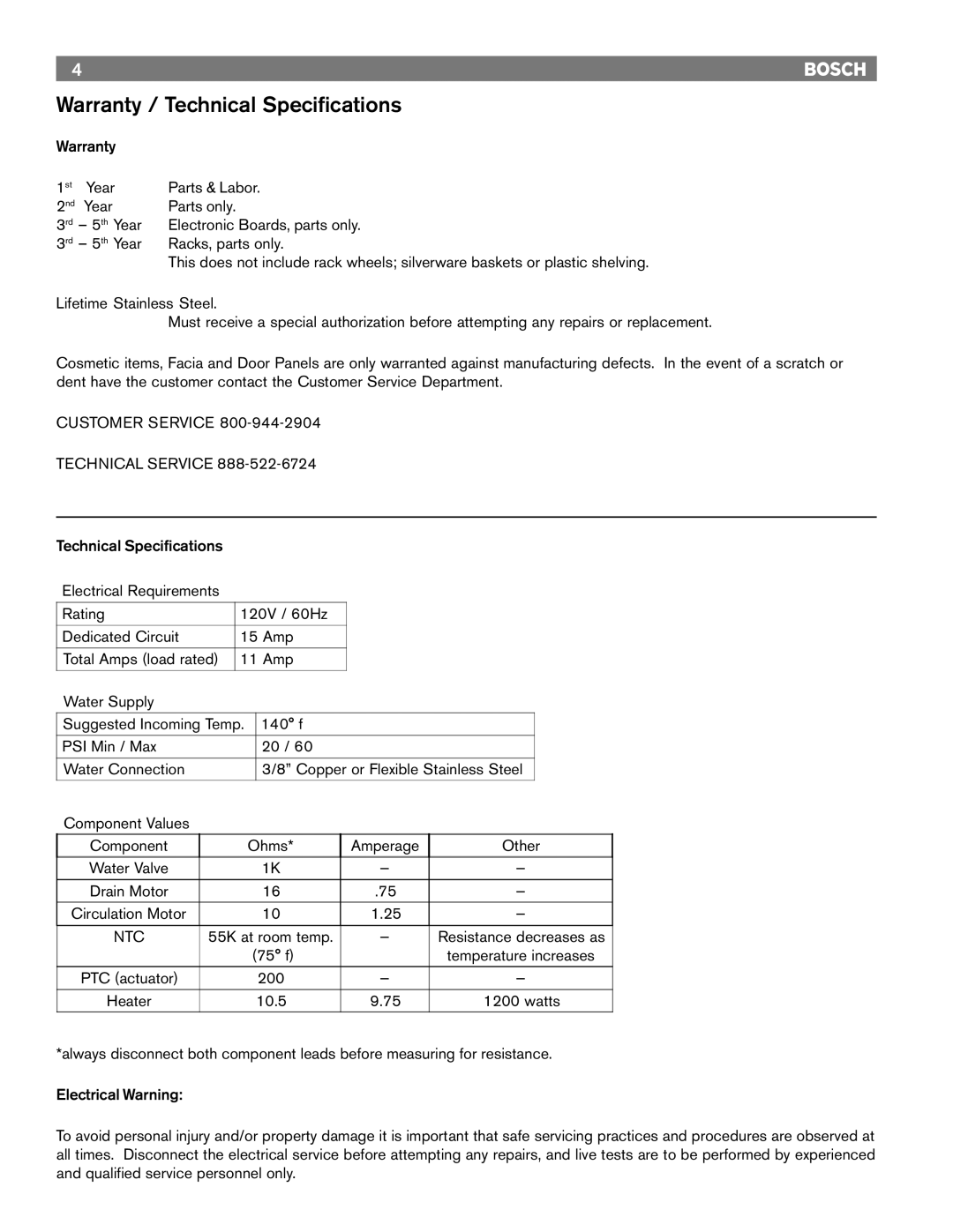 Bosch Appliances TRUE, 6806, 6805, 4306, 4302, 6802 Warranty / Technical Specifications, Customer Service Technical Service 