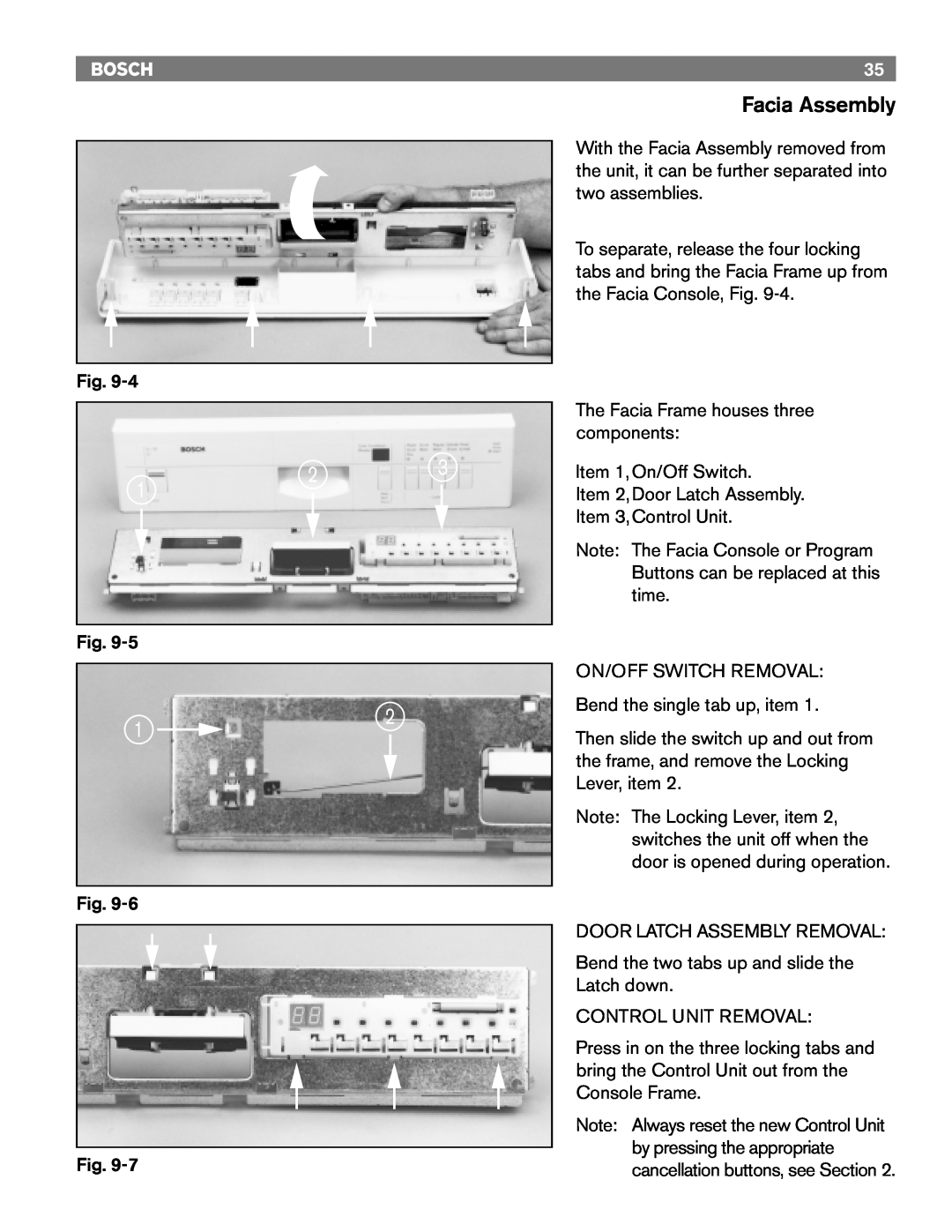 Bosch Appliances 6806, TRUE, 6805, 4306, 4302, 6802 manual Facia Assembly, Fig 
