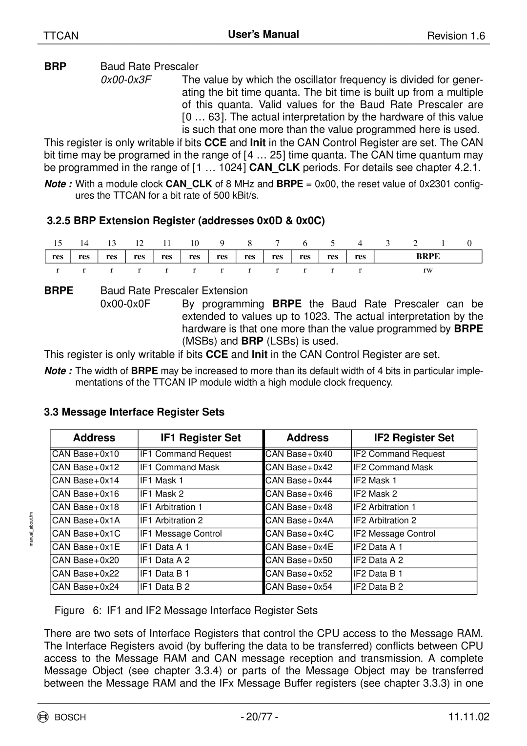 Bosch Appliances TTCAN user manual BRP Extension Register addresses 0x0D & 0x0C 