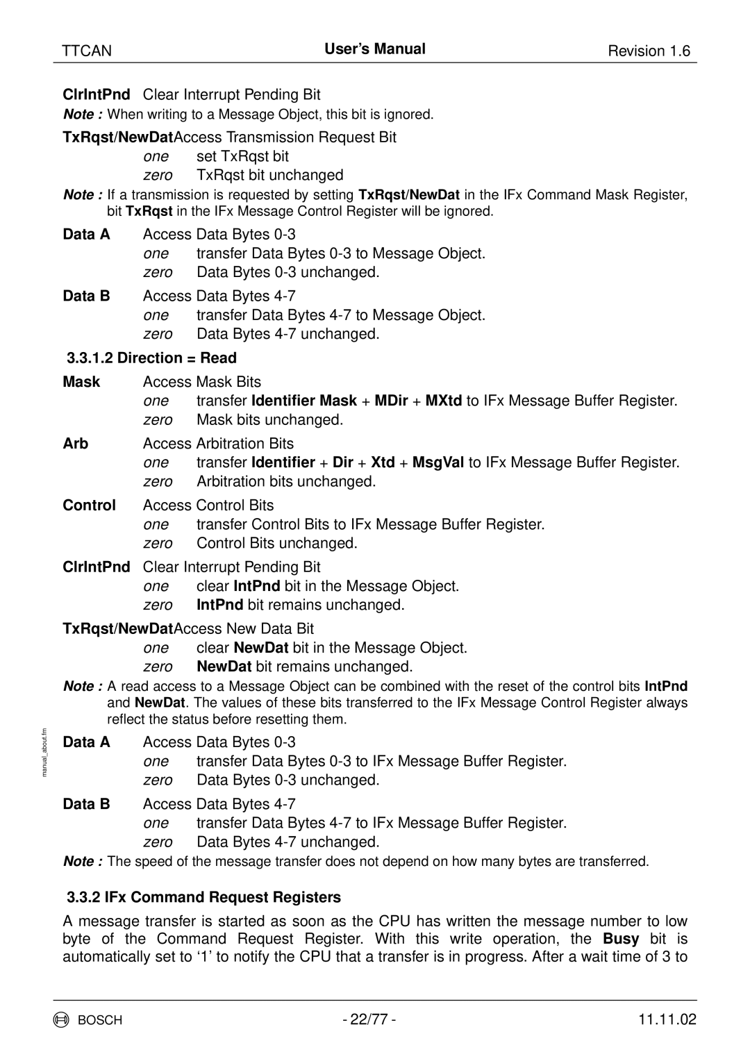 Bosch Appliances TTCAN user manual Direction = Read, Control, ClrIntPnd, IFx Command Request Registers 