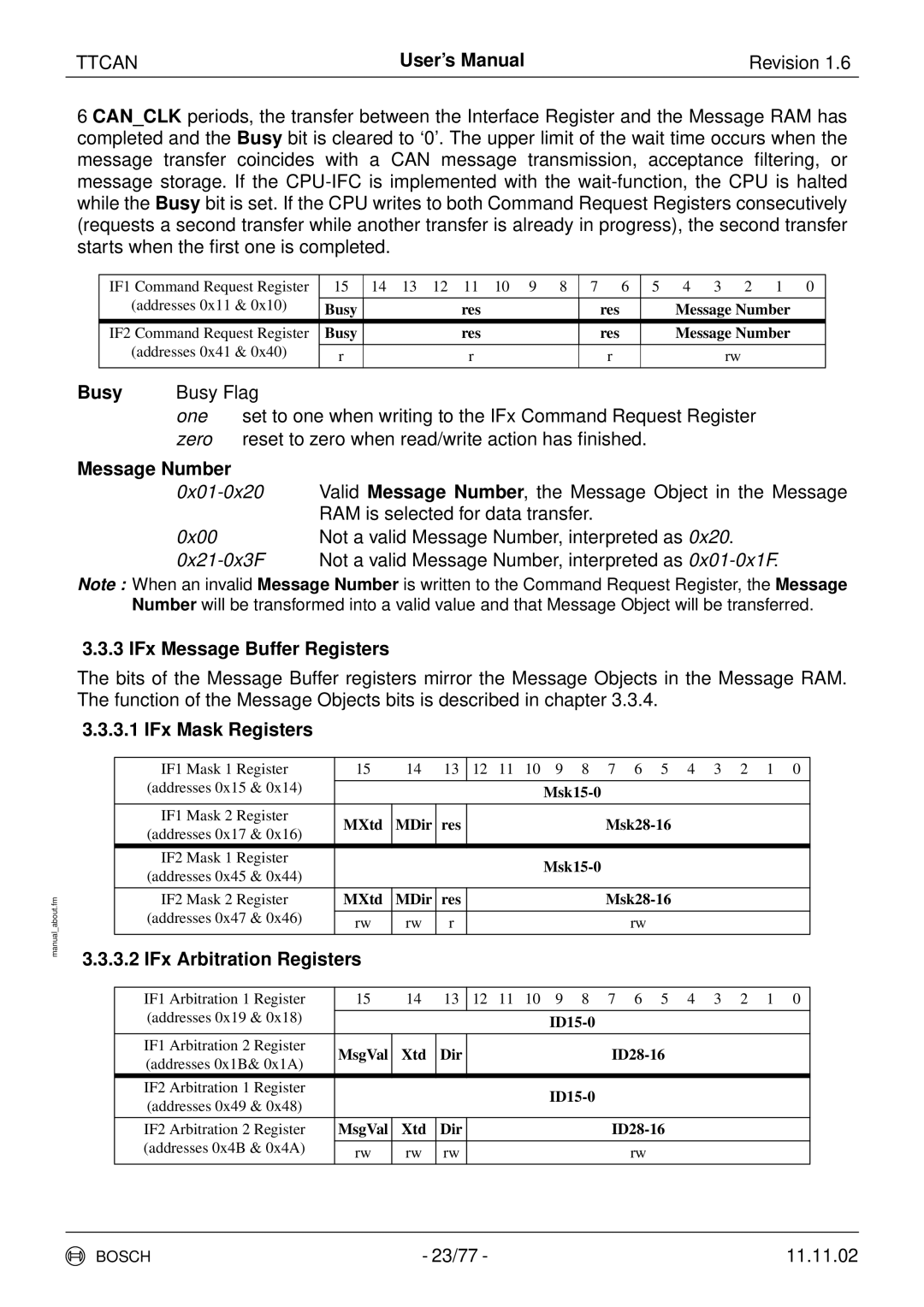 Bosch Appliances TTCAN Busy, Message Number, IFx Message Buffer Registers, IFx Mask Registers, IFx Arbitration Registers 