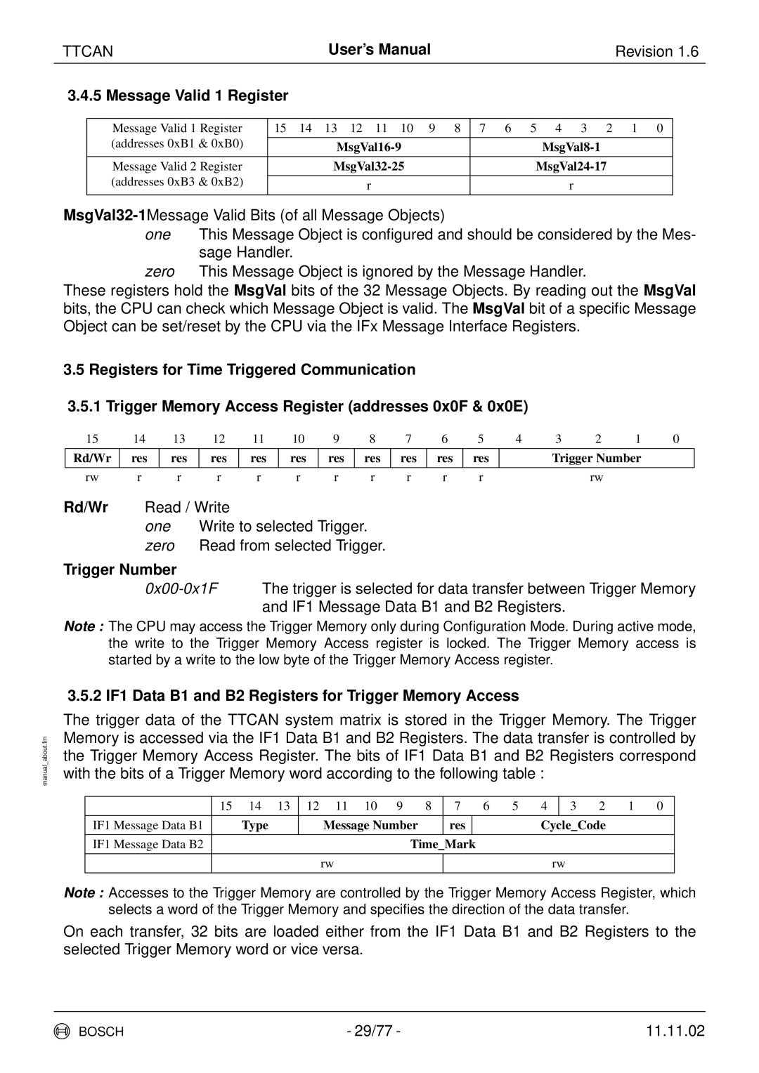 Bosch Appliances TTCAN Message Valid 1 Register, Trigger Number, 2 IF1 Data B1 and B2 Registers for Trigger Memory Access 