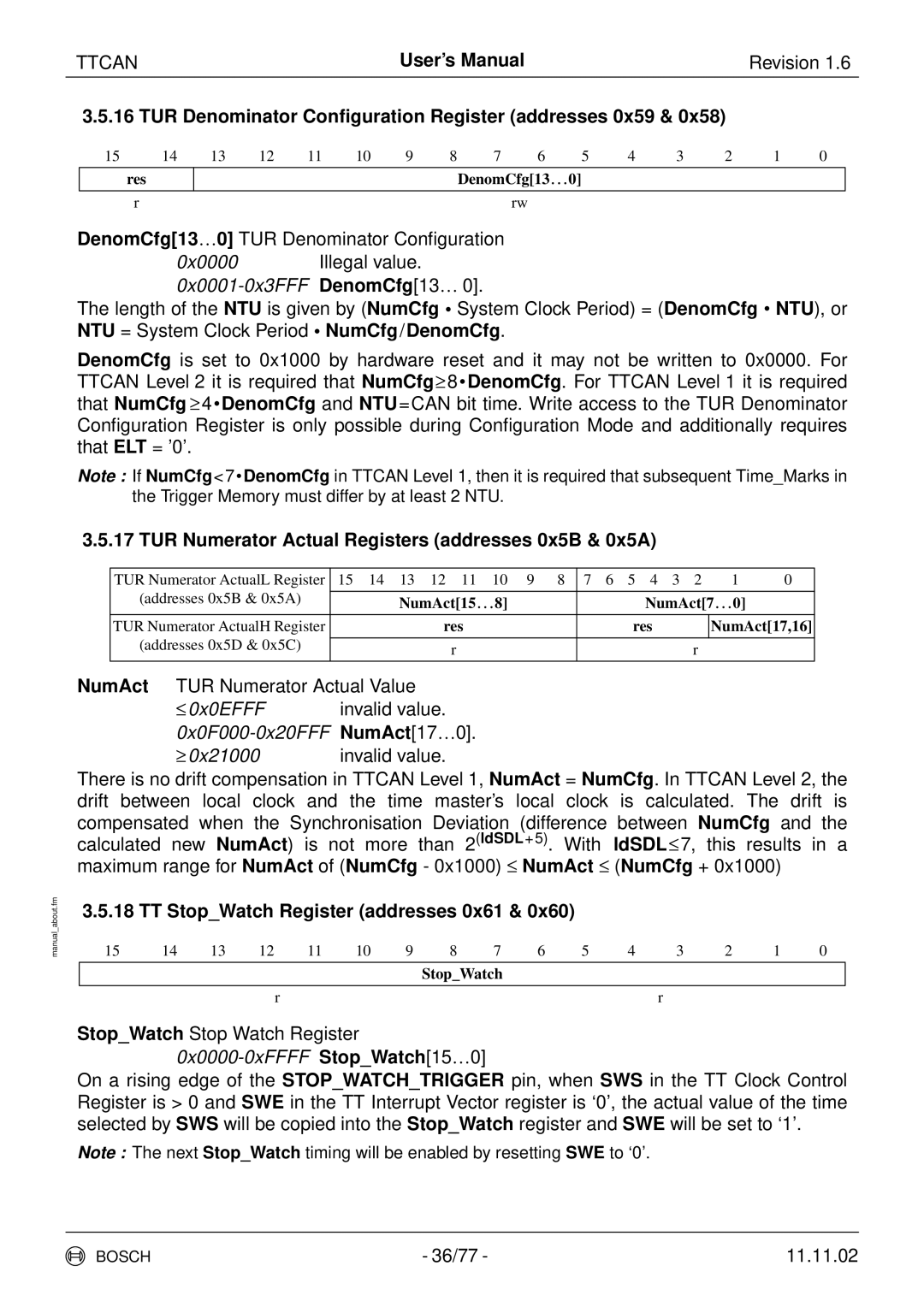Bosch Appliances TTCAN TUR Denominator Conﬁguration Register addresses 0x59, TT StopWatch Register addresses 0x61 