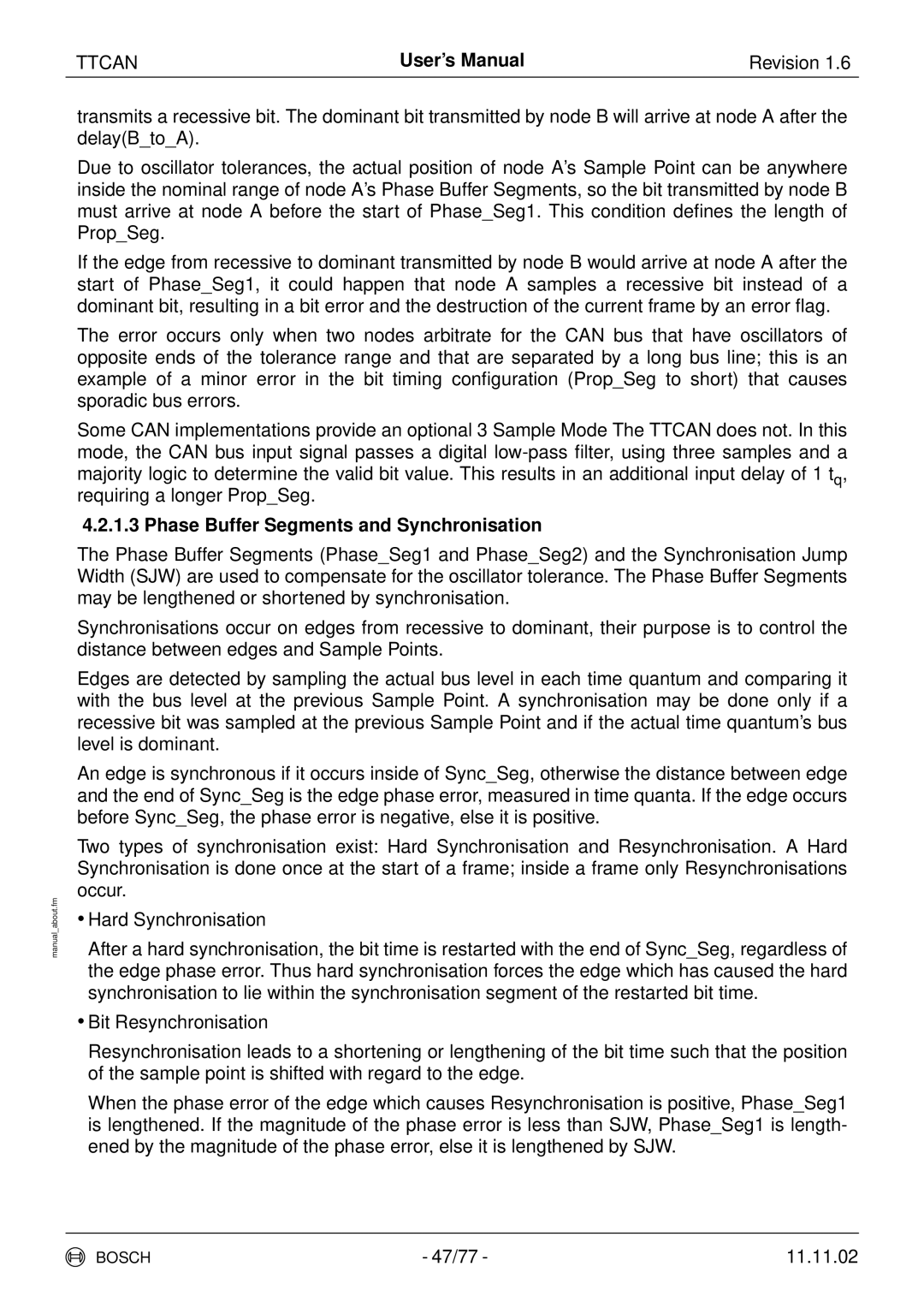 Bosch Appliances TTCAN user manual Phase Buffer Segments and Synchronisation 