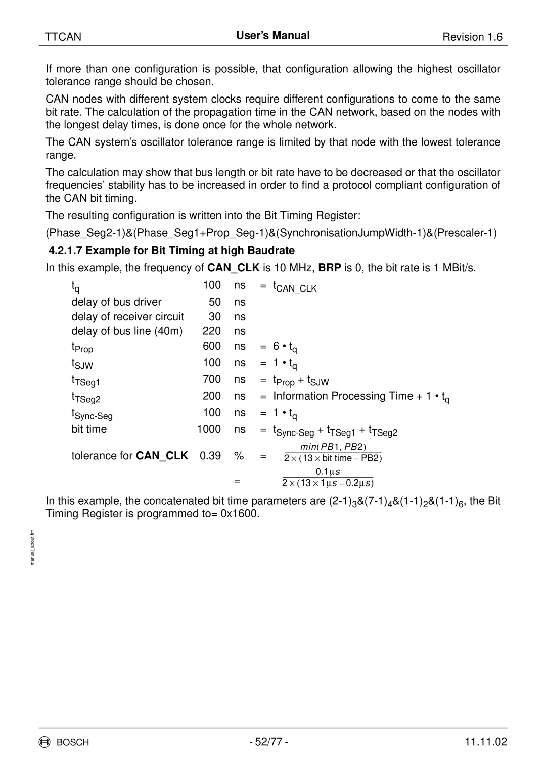 Bosch Appliances TTCAN user manual Example for Bit Timing at high Baudrate 