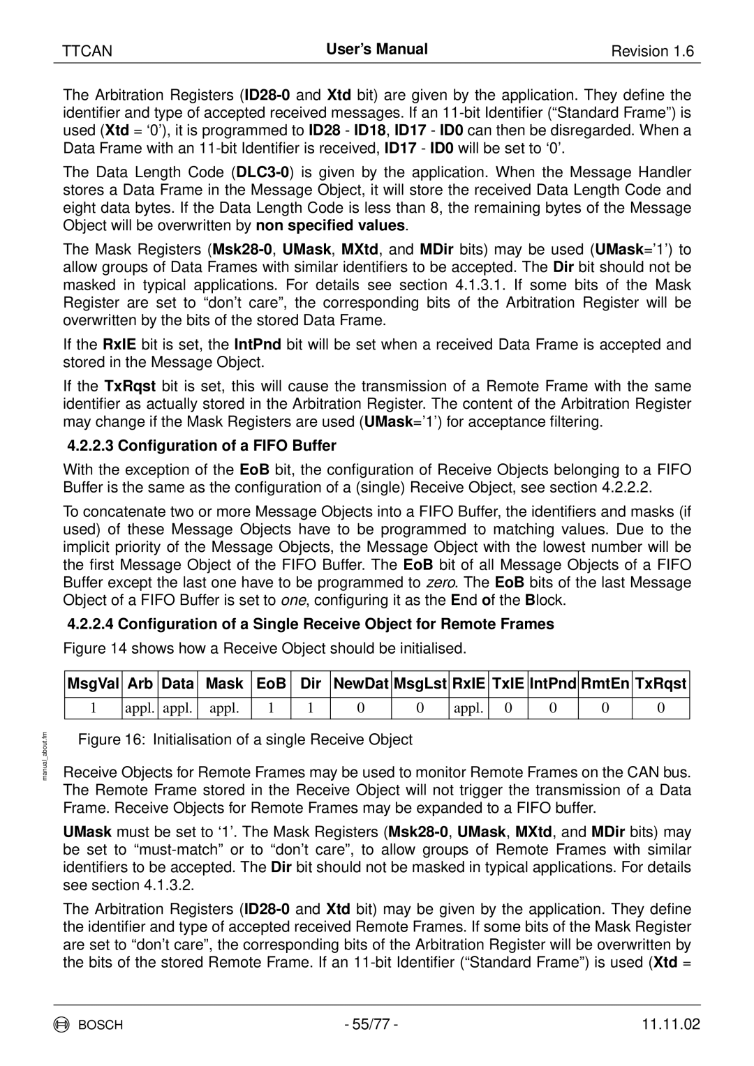 Bosch Appliances TTCAN user manual 2.3 Conﬁguration of a Fifo Buffer 