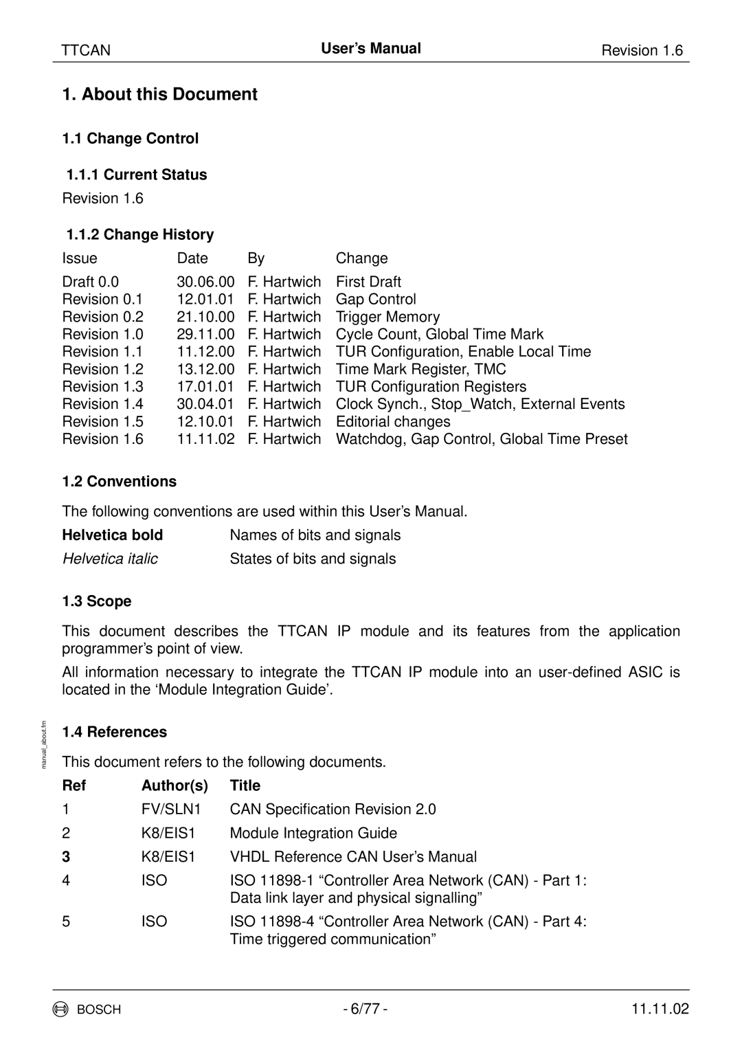 Bosch Appliances TTCAN Change Control Current Status, Change History, Conventions, Helvetica bold, Authors Title 