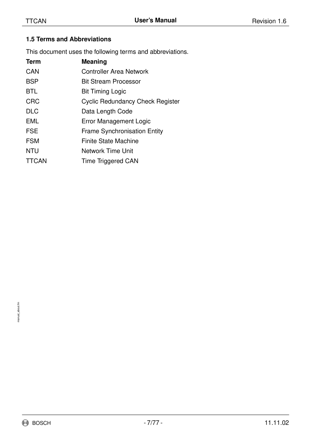 Bosch Appliances TTCAN user manual Terms and Abbreviations, Term Meaning 