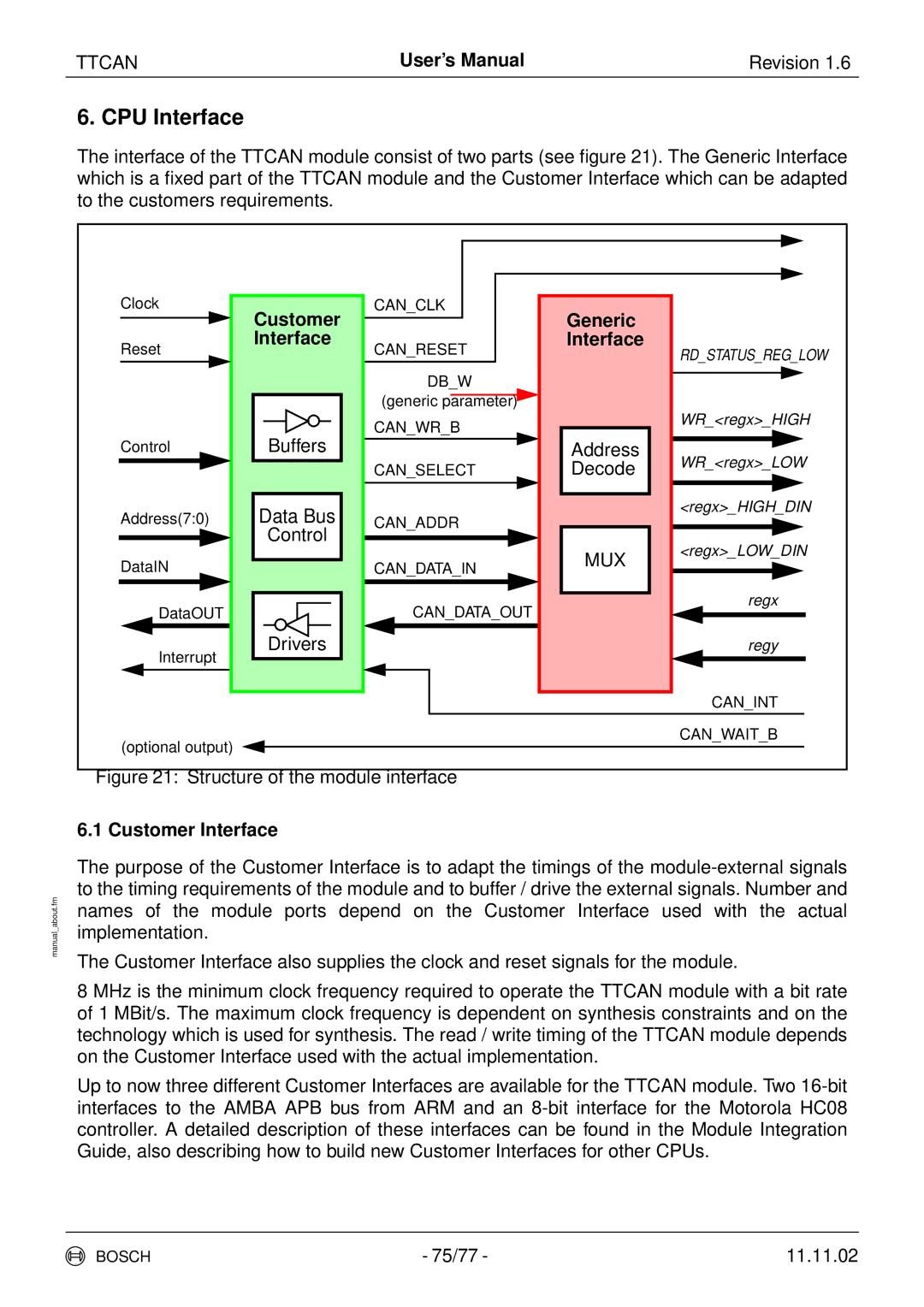 Bosch Appliances TTCAN user manual Generic, Customer Interface 