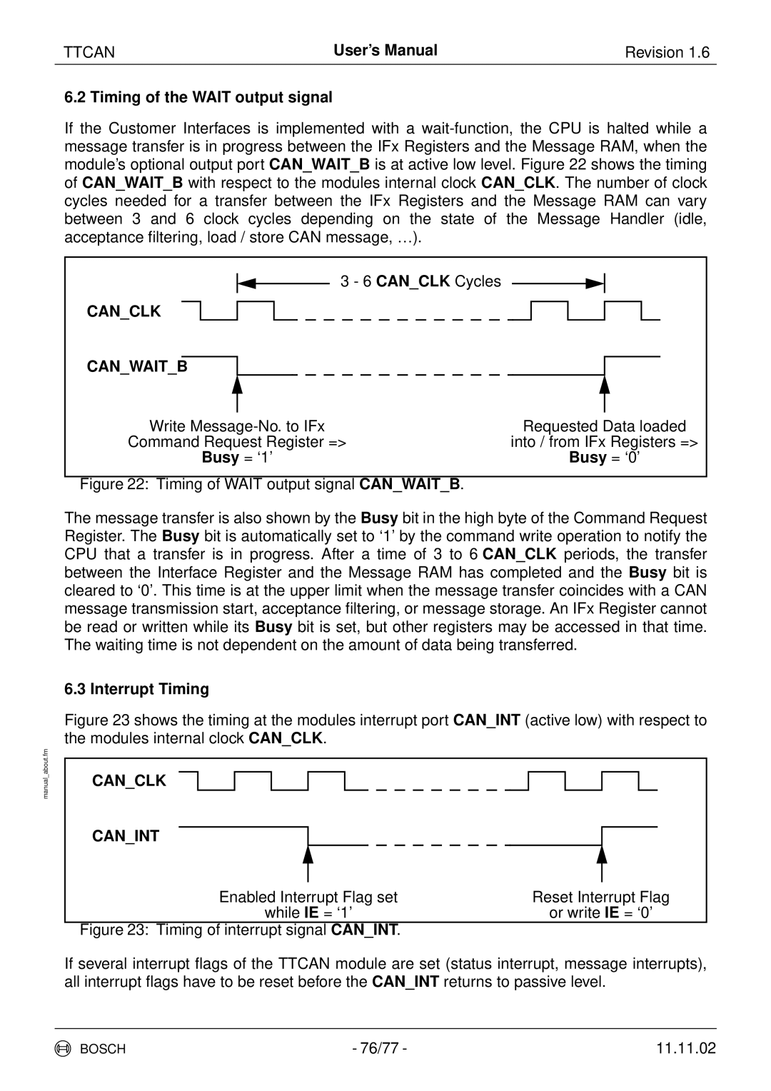 Bosch Appliances TTCAN Timing of the Wait output signal, Canclk Canwaitb, Busy = ‘1’ Busy = ‘0’, Interrupt Timing 