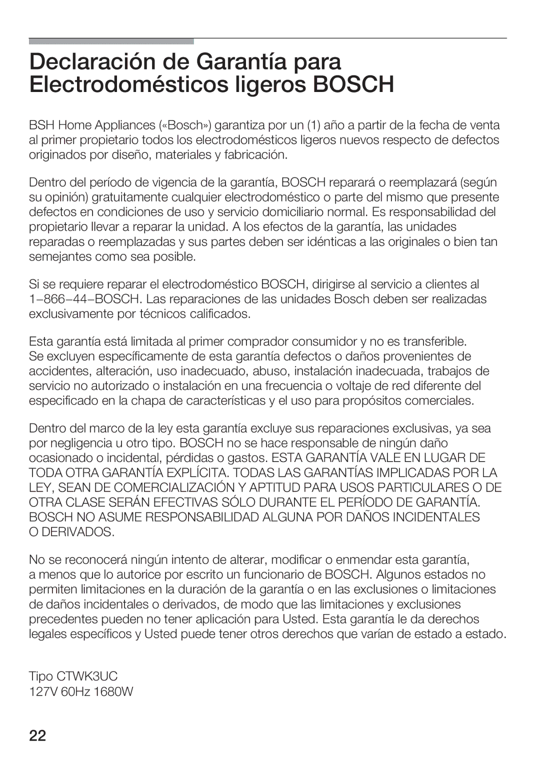 Bosch Appliances TWK 911 UC manual Declaración de Garantía para Electrodomésticos ligeros Bosch 