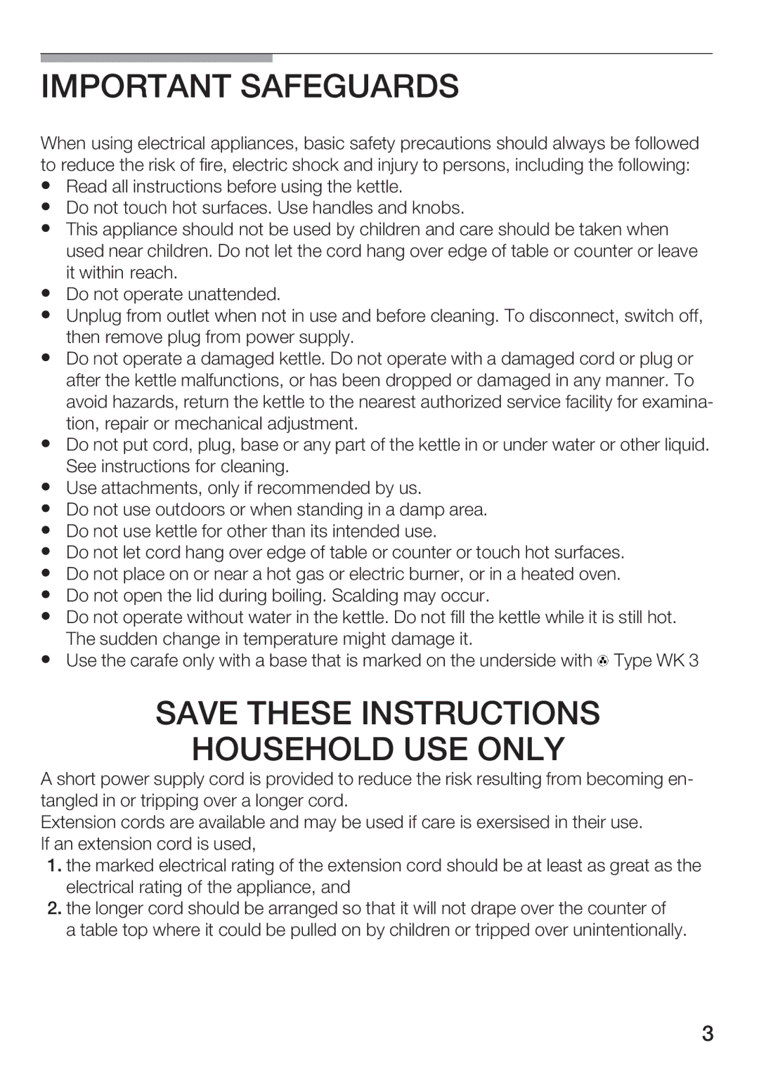 Bosch Appliances TWK 911 UC manual Safeguards 