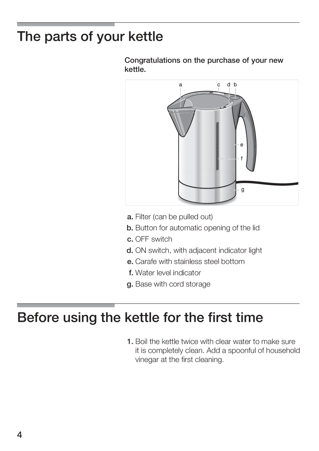 Bosch Appliances TWK 911 UC manual Parts of your kettle, Before using the kettle for the first time 