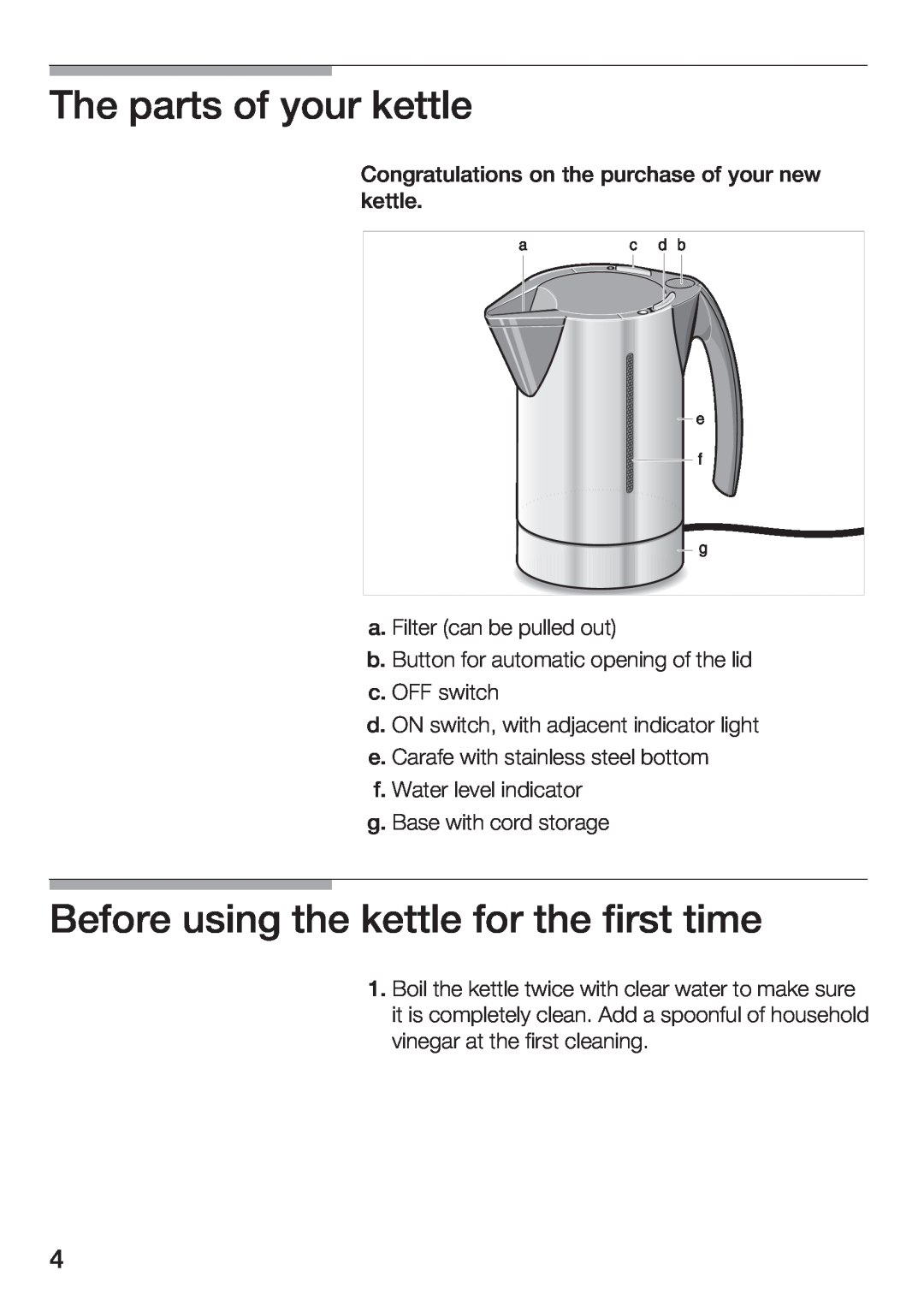 Bosch Appliances TWK 911 UC manual The parts of your kettle, Before using the kettle for the first time 