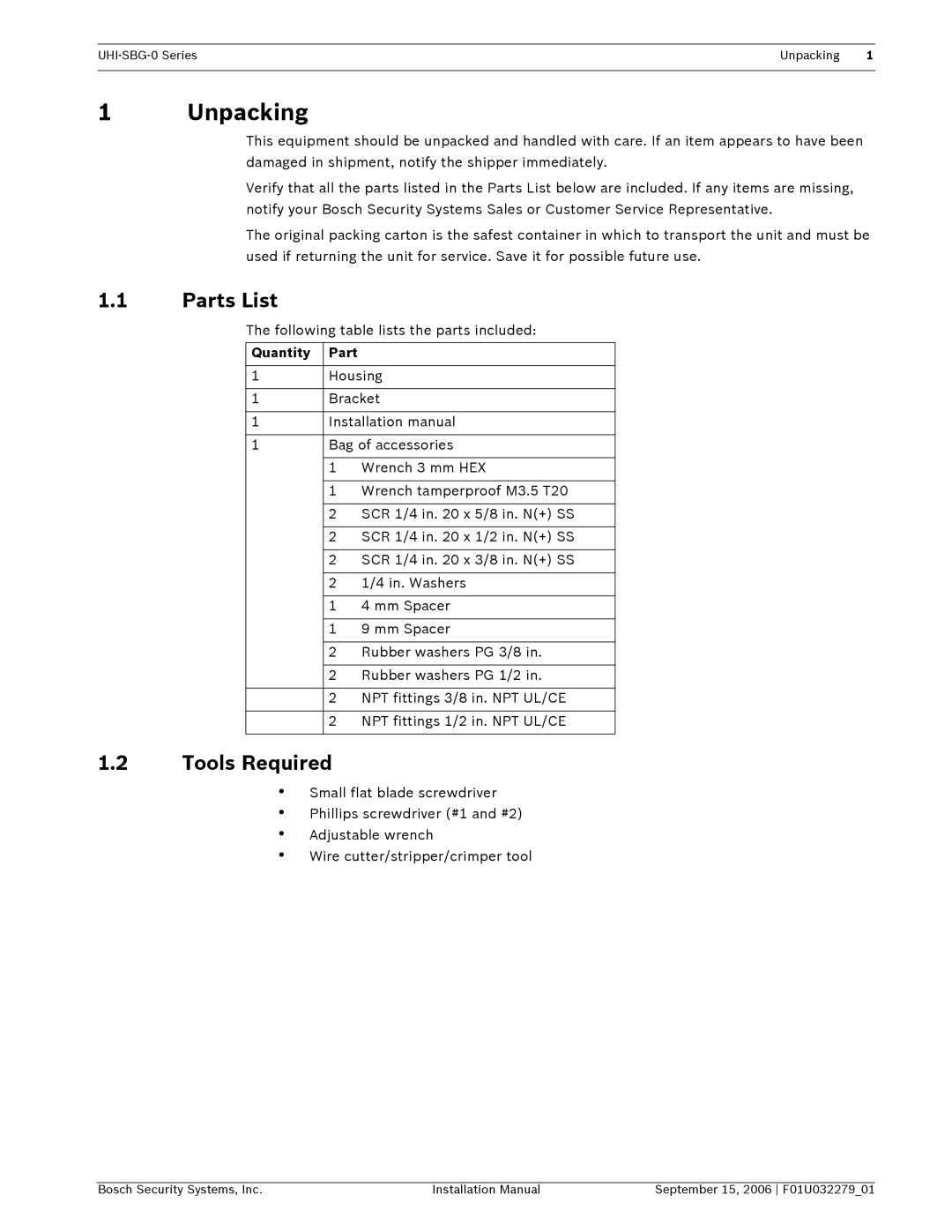 Bosch Appliances UHI-SBG-0 installation manual Unpacking, Parts List, Tools Required, Quantity Part 