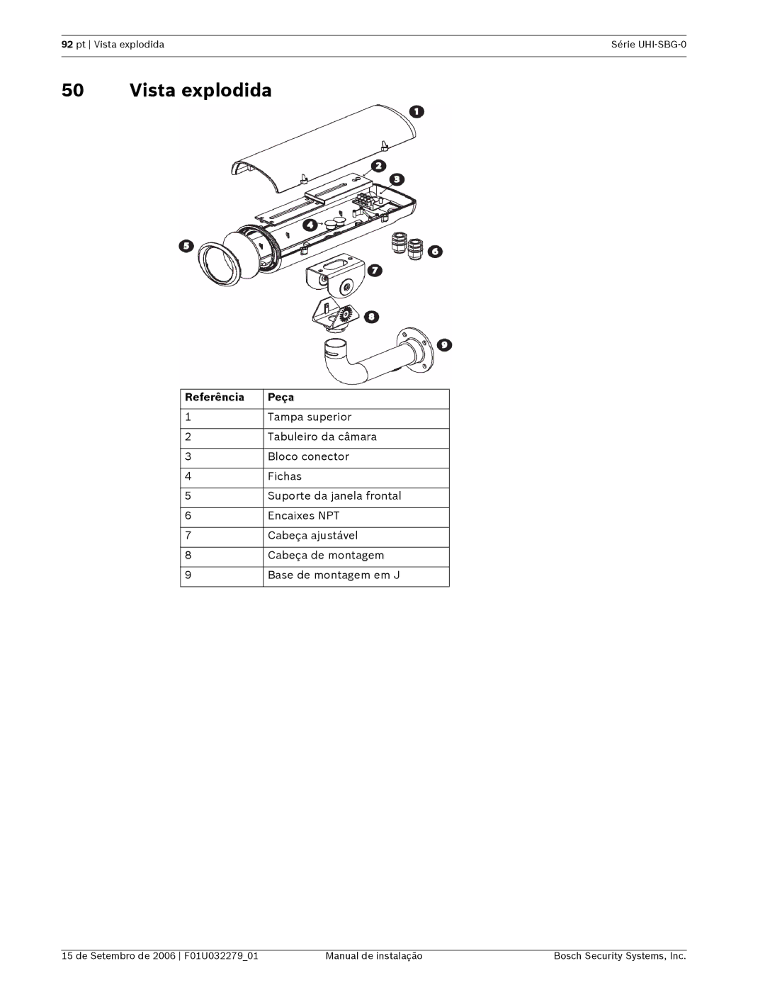 Bosch Appliances UHI-SBG-0 installation manual Vista explodida, Referência Peça 