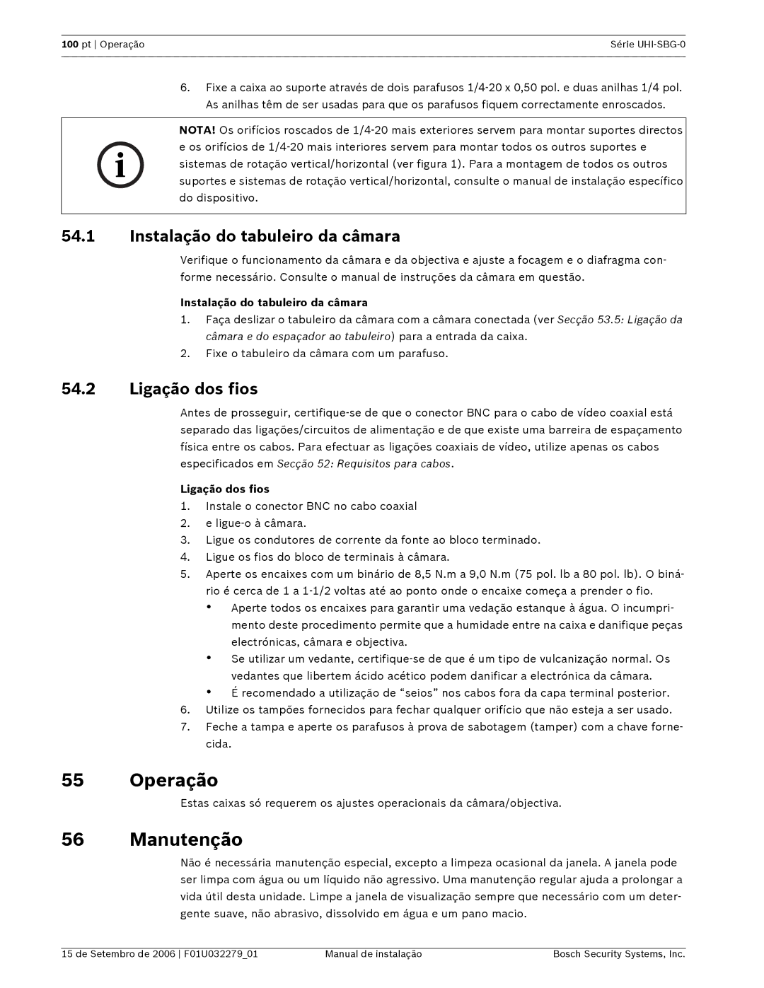 Bosch Appliances UHI-SBG-0 installation manual Operação, Manutenção, Instalação do tabuleiro da câmara, Ligação dos fios 