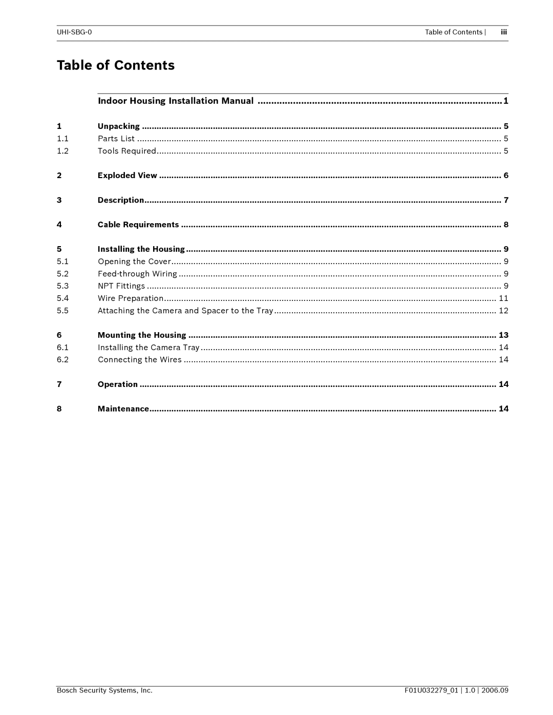 Bosch Appliances UHI-SBG-0 installation manual Table of Contents 