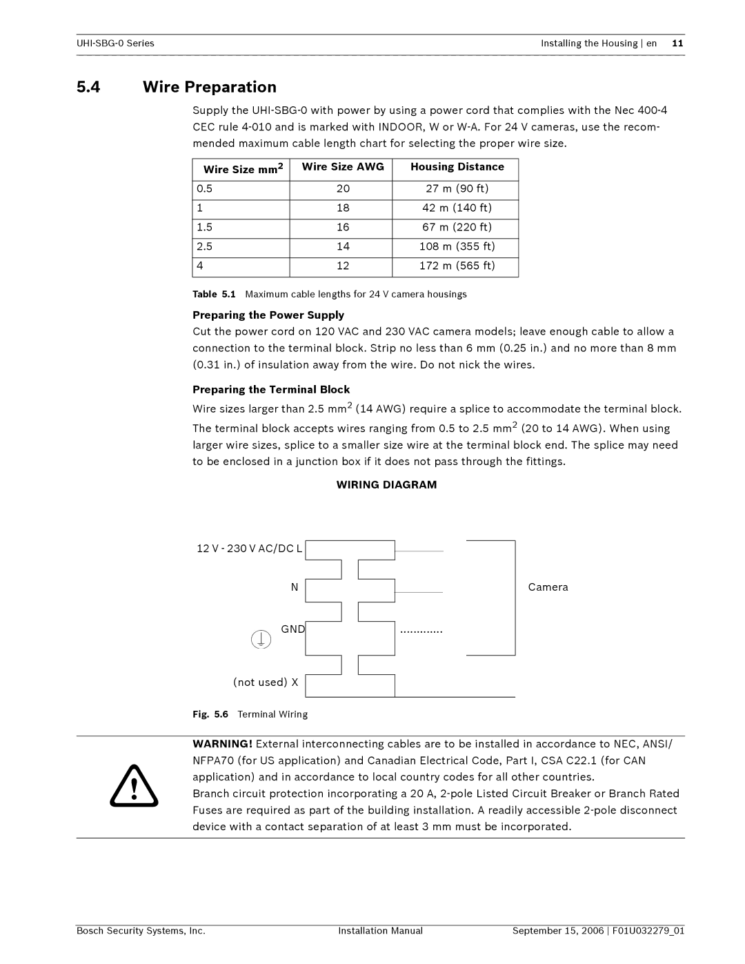 Bosch Appliances UHI-SBG-0 Wire Preparation, Wire Size mm Wire Size AWG Housing Distance, Preparing the Power Supply 