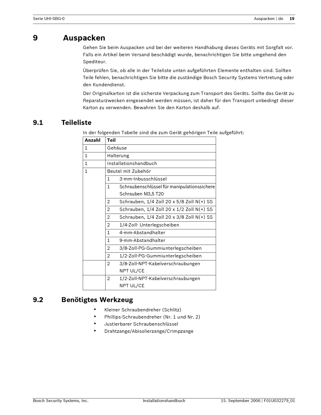 Bosch Appliances UHI-SBG-0 installation manual Auspacken, Teileliste, Benötigtes Werkzeug, Anzahl Teil 