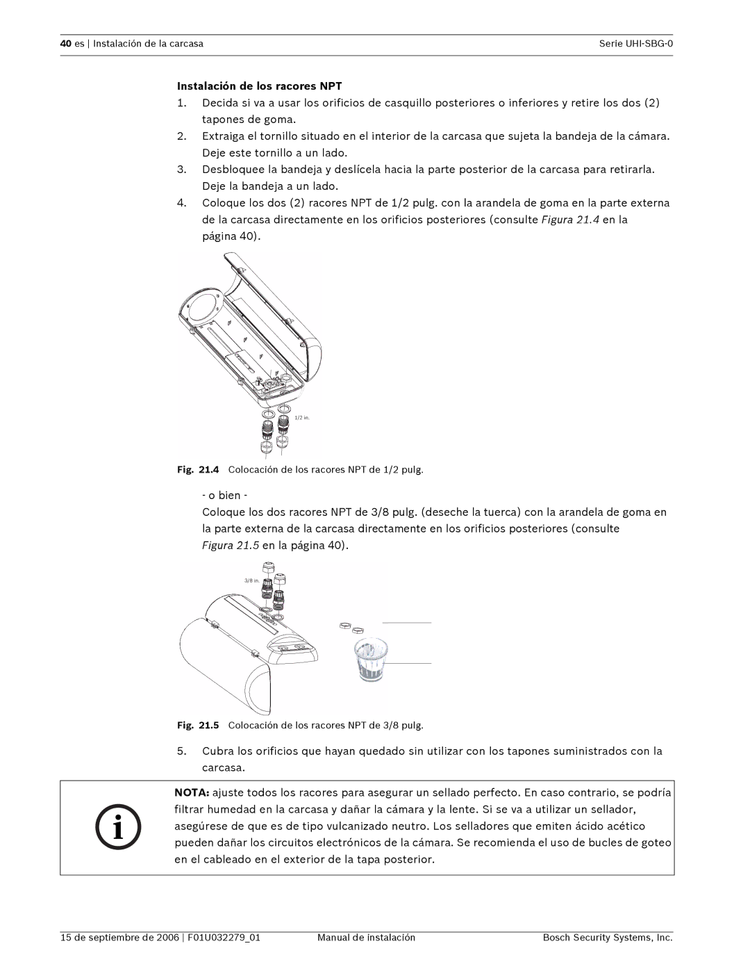 Bosch Appliances UHI-SBG-0 installation manual Instalación de los racores NPT, Figura 21.5 en la página 