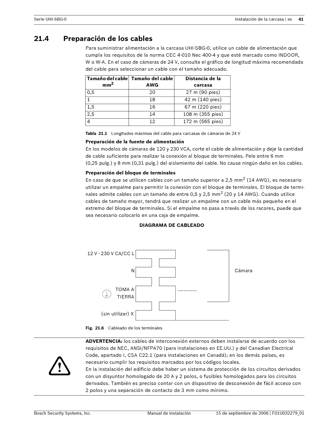 Bosch Appliances UHI-SBG-0 installation manual Preparación de los cables, Tamaño del cable Distancia de la 