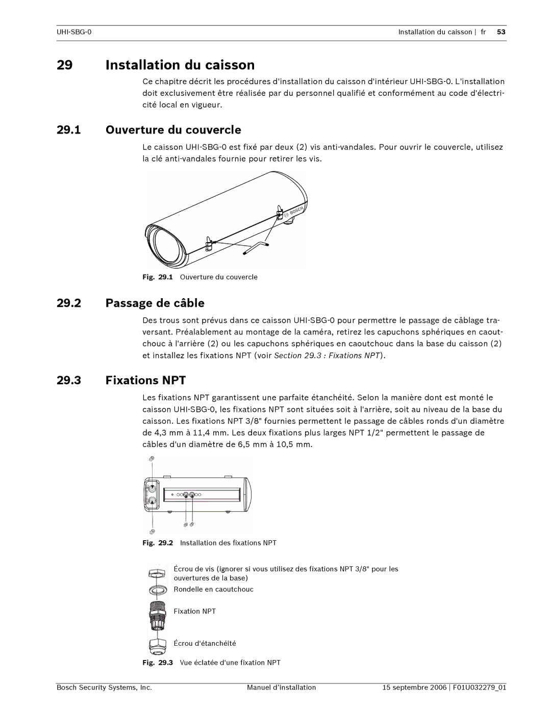 Bosch Appliances UHI-SBG-0 Installation du caisson, Ouverture du couvercle, Passage de câble, Fixations NPT 