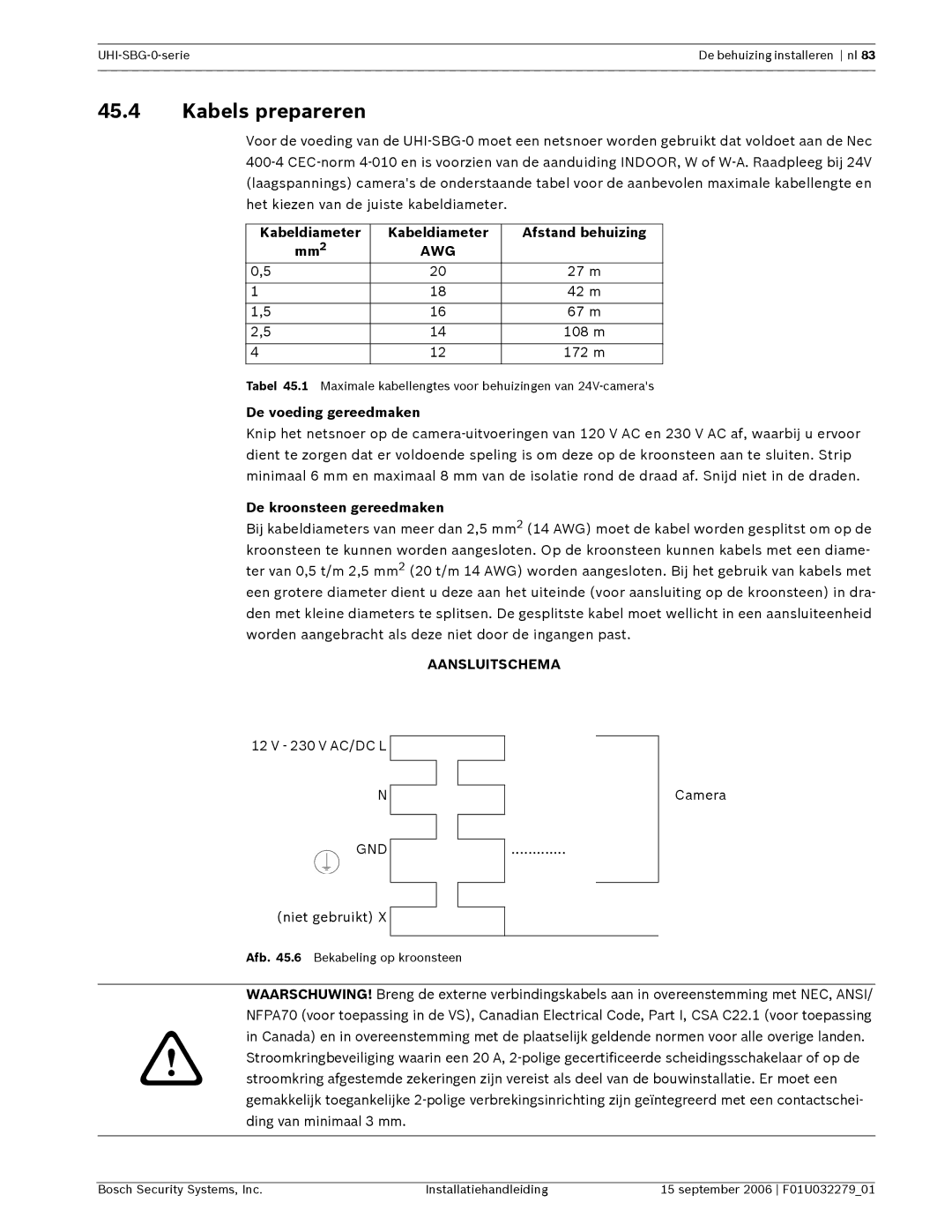 Bosch Appliances UHI-SBG-0 Kabels prepareren, Kabeldiameter Afstand behuizing, De voeding gereedmaken, Niet gebruikt 